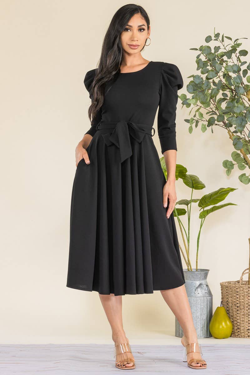 HH698R-LS-S- Puff 3/4 Sleeve Midi Cocktail Dress