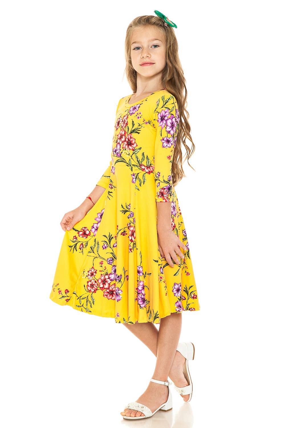 Girl's Princess Seam A-Line Dress with Full Skirt: MUSTARD FLORAL / S (5/6Y)