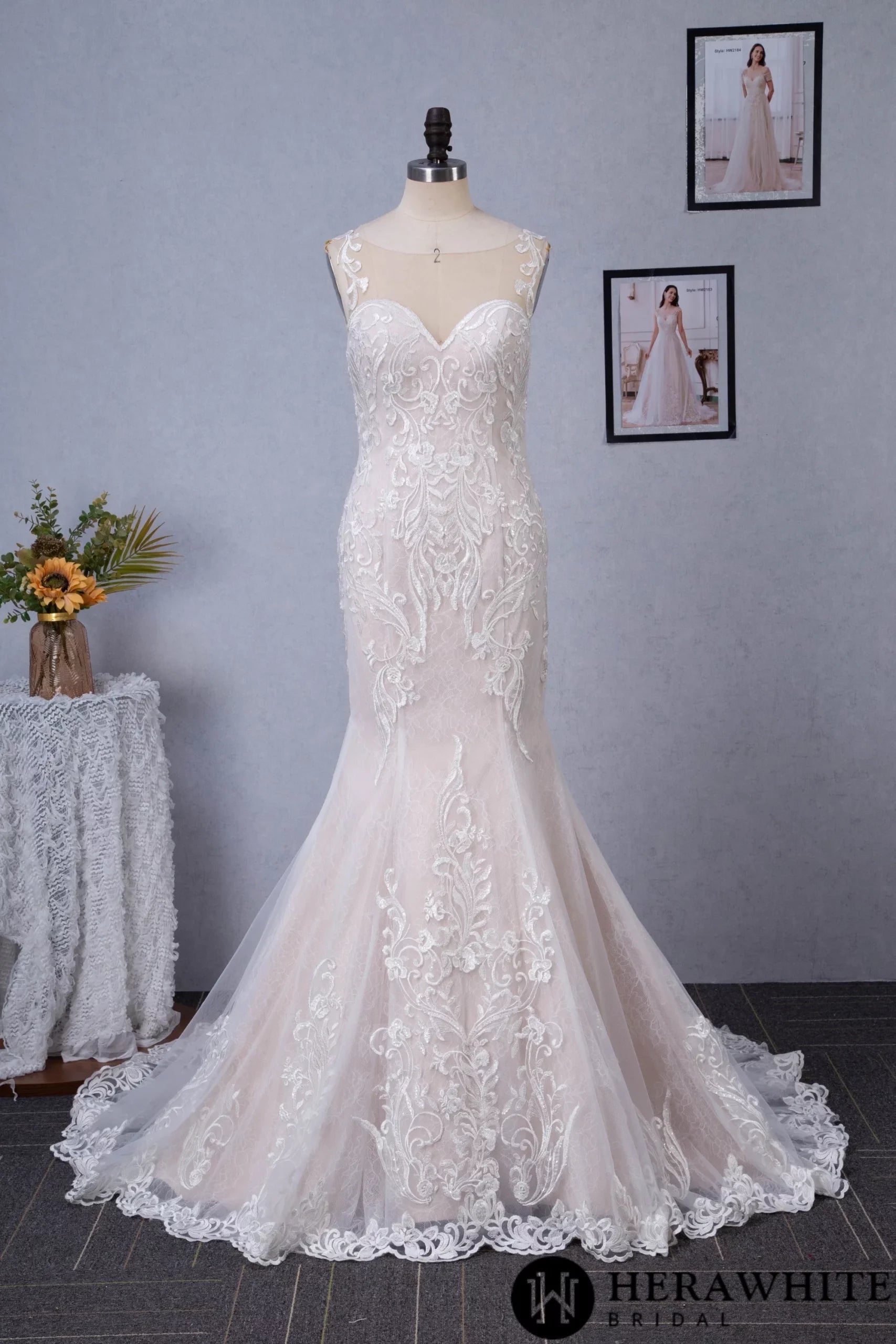 Blush Illusion Neckline Lace Appliques Mermaid Wedding Dress