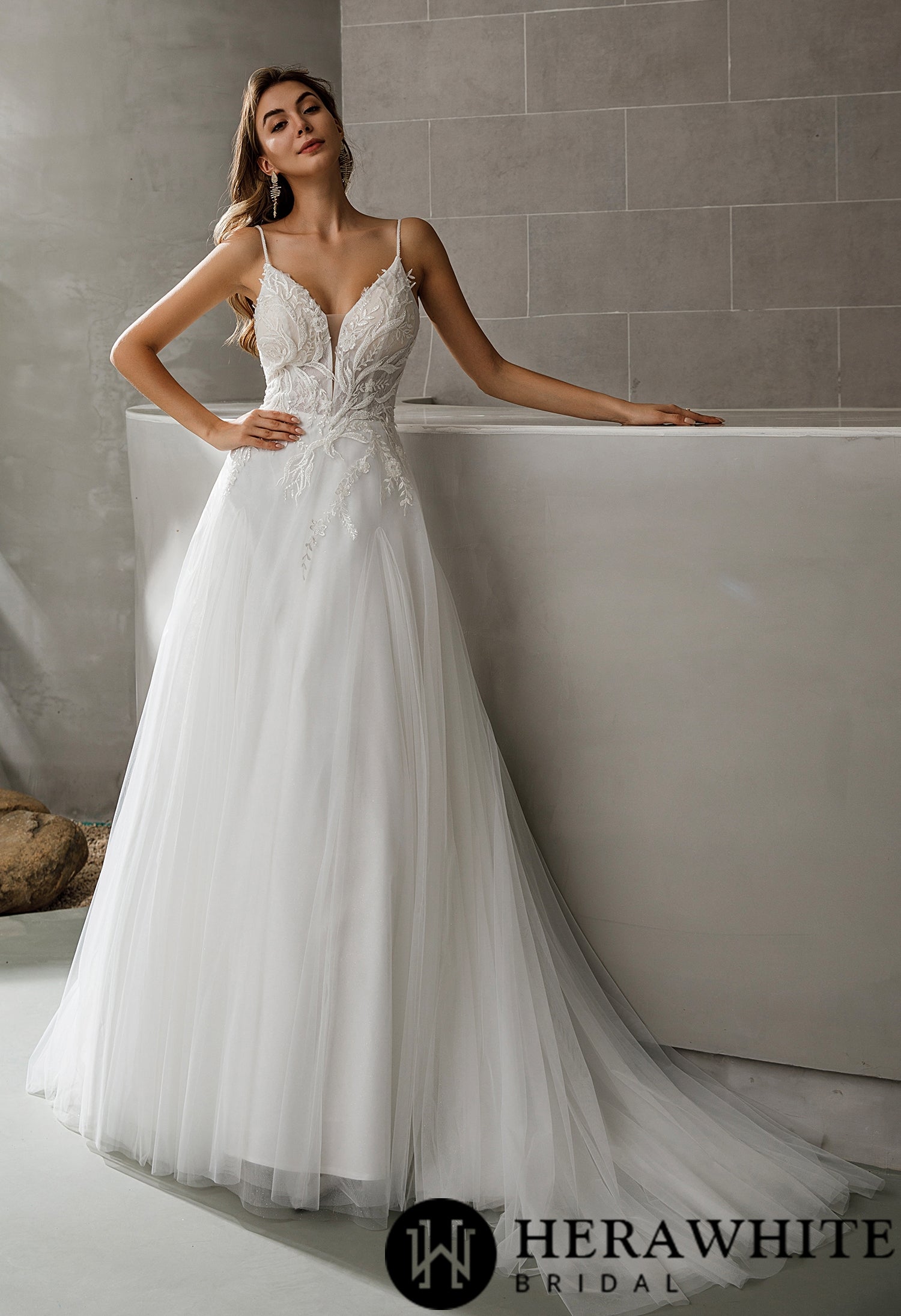 Beaded Straps V-neck Lace A-line Long Wedding Dress