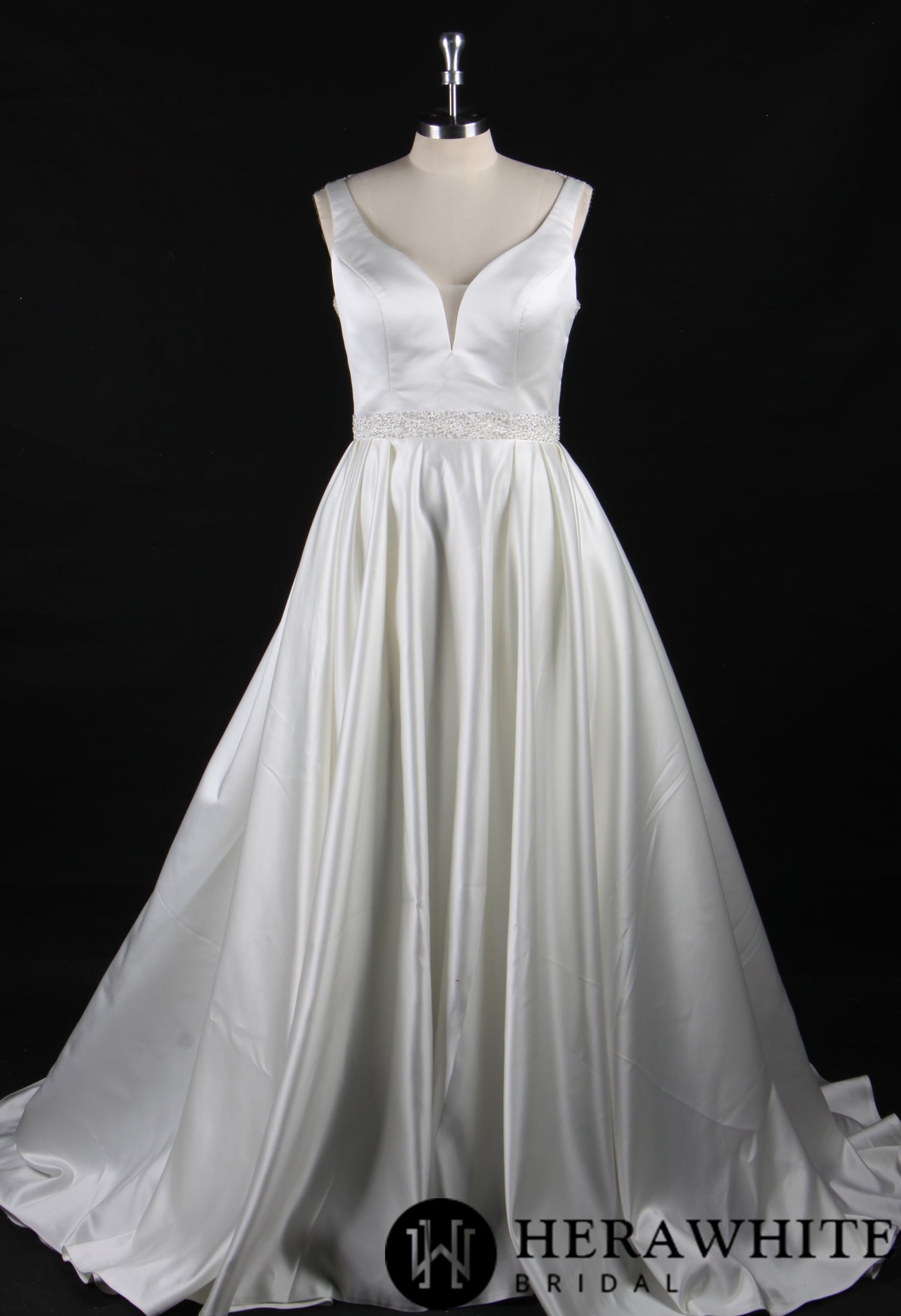 Classic V-Neck Wedding Dress With Princess Silhouette and Beaded Belt