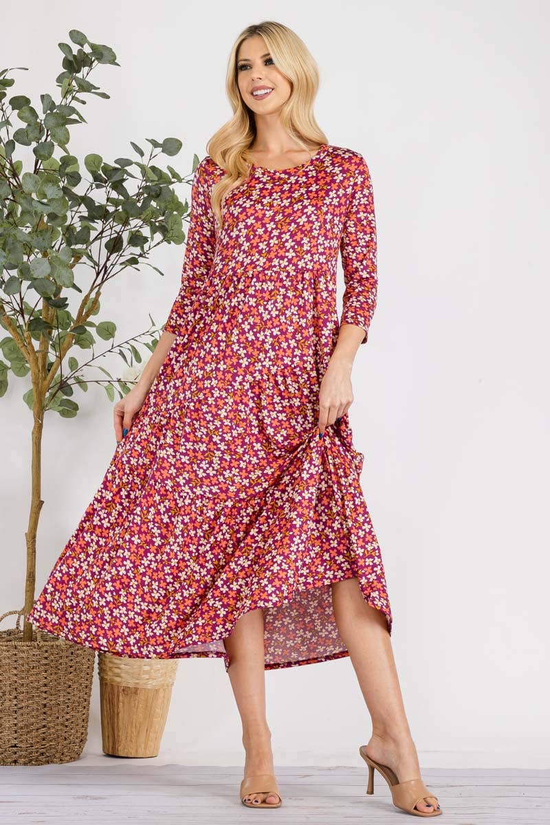 MAGENTA FLORAL TIERED MIDI-DRESS MISSY & PLUS SIZE -CD43848E