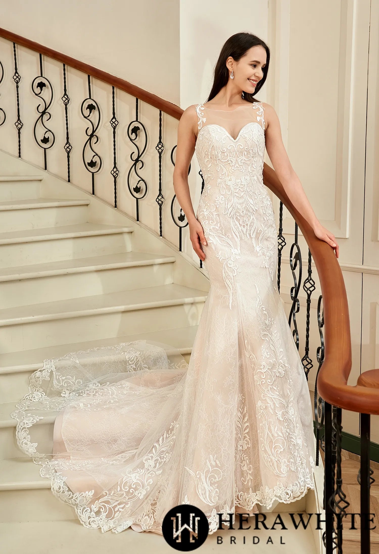 Blush Illusion Neckline Lace Appliques Mermaid Wedding Dress