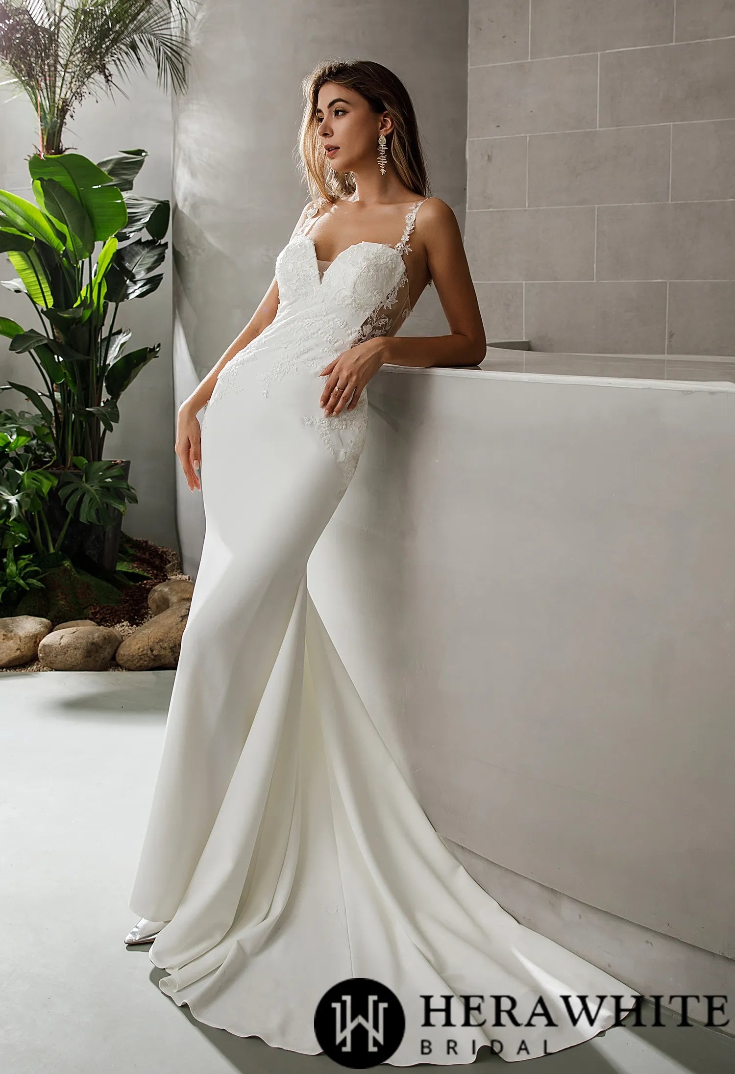Crepe Fit and Flare Crepe Silhouette Wedding Dress With Lace Straps