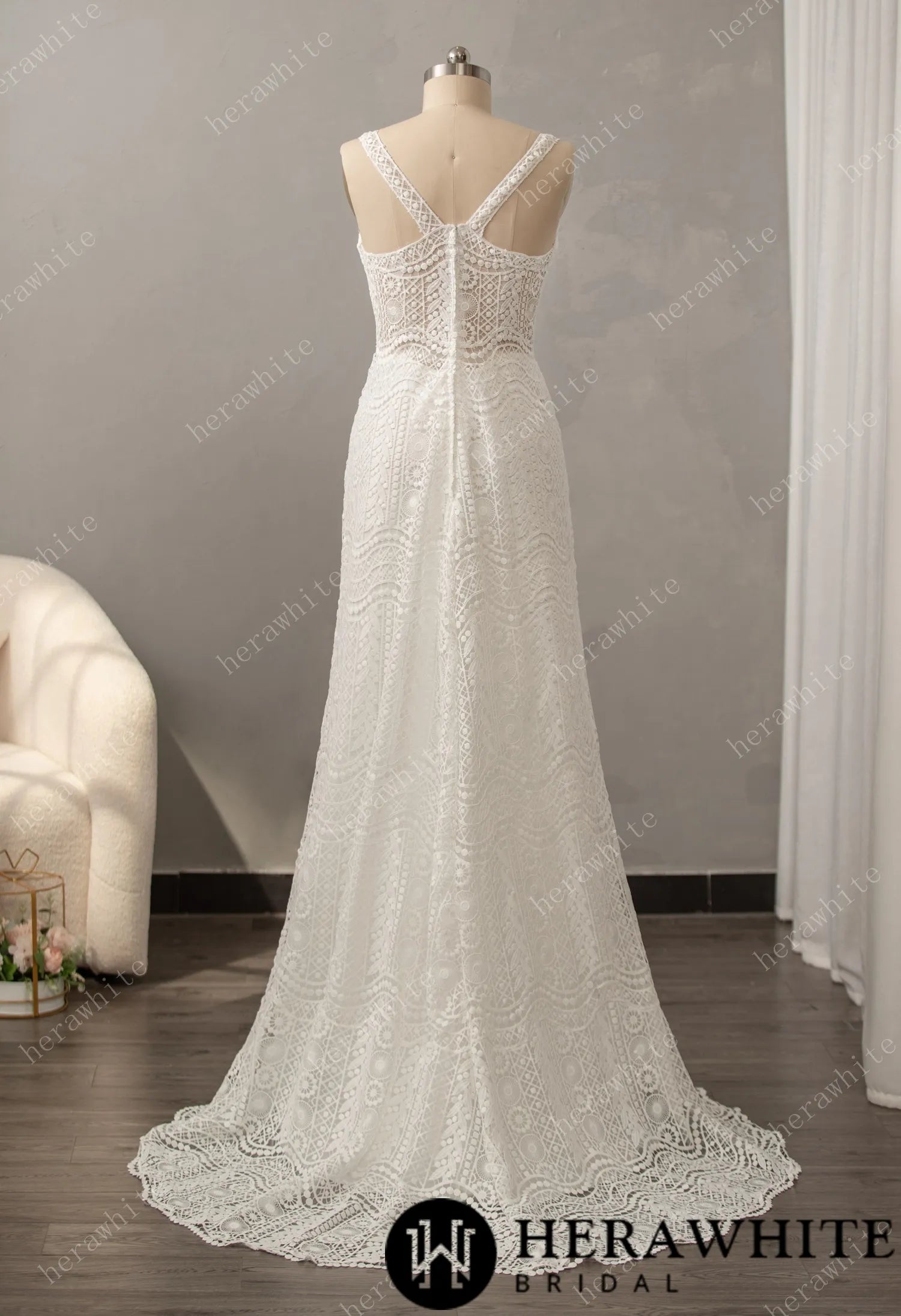 Romantic Boho Lace Sweetheart Neckline Sheath Bridal Dress