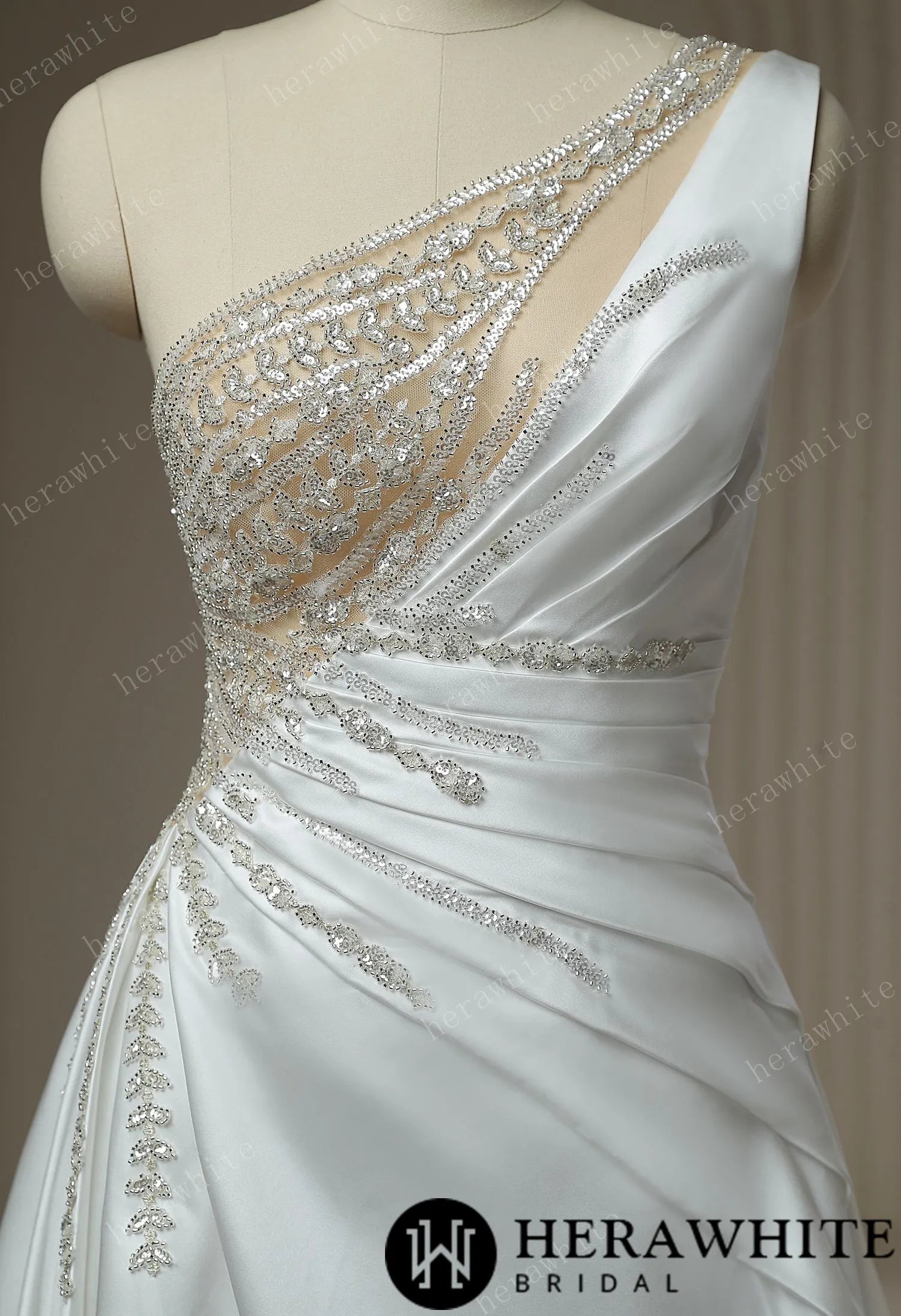 Beaded Rhinestone With Draped Illusion Back Wedding Dress