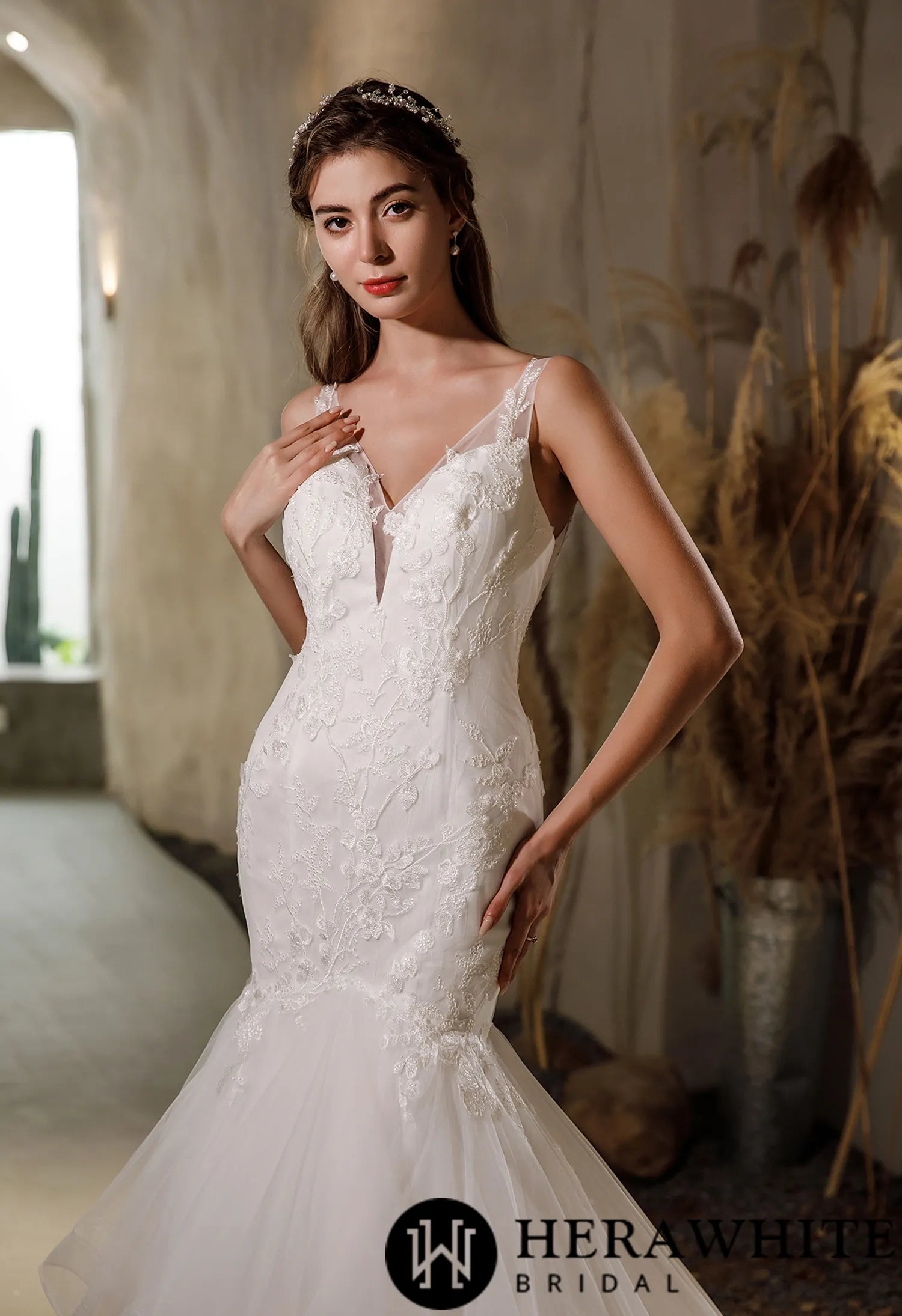 Beaded Lace Tulle Ruffled Mermaid Wedding Dress