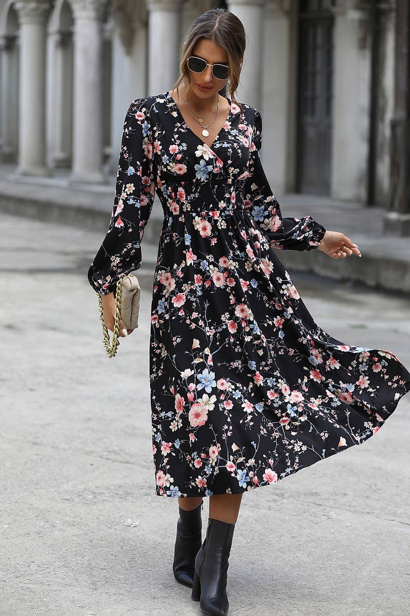 WOMEN V NECK FLORAL PRINT DRESS_CWDMD0934