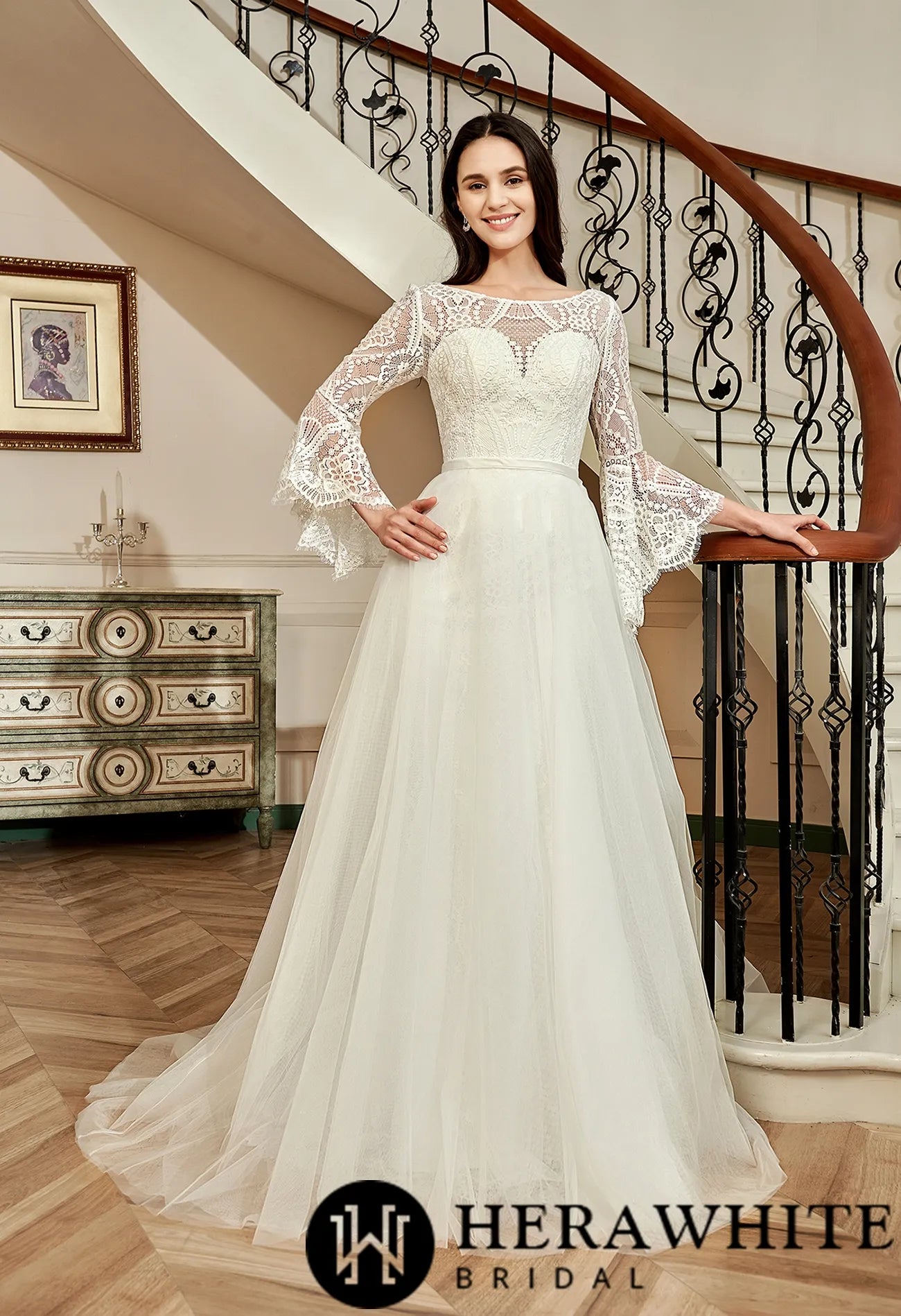 Illusion Neckline Lace Wedding Dress With Removeable Overskirt