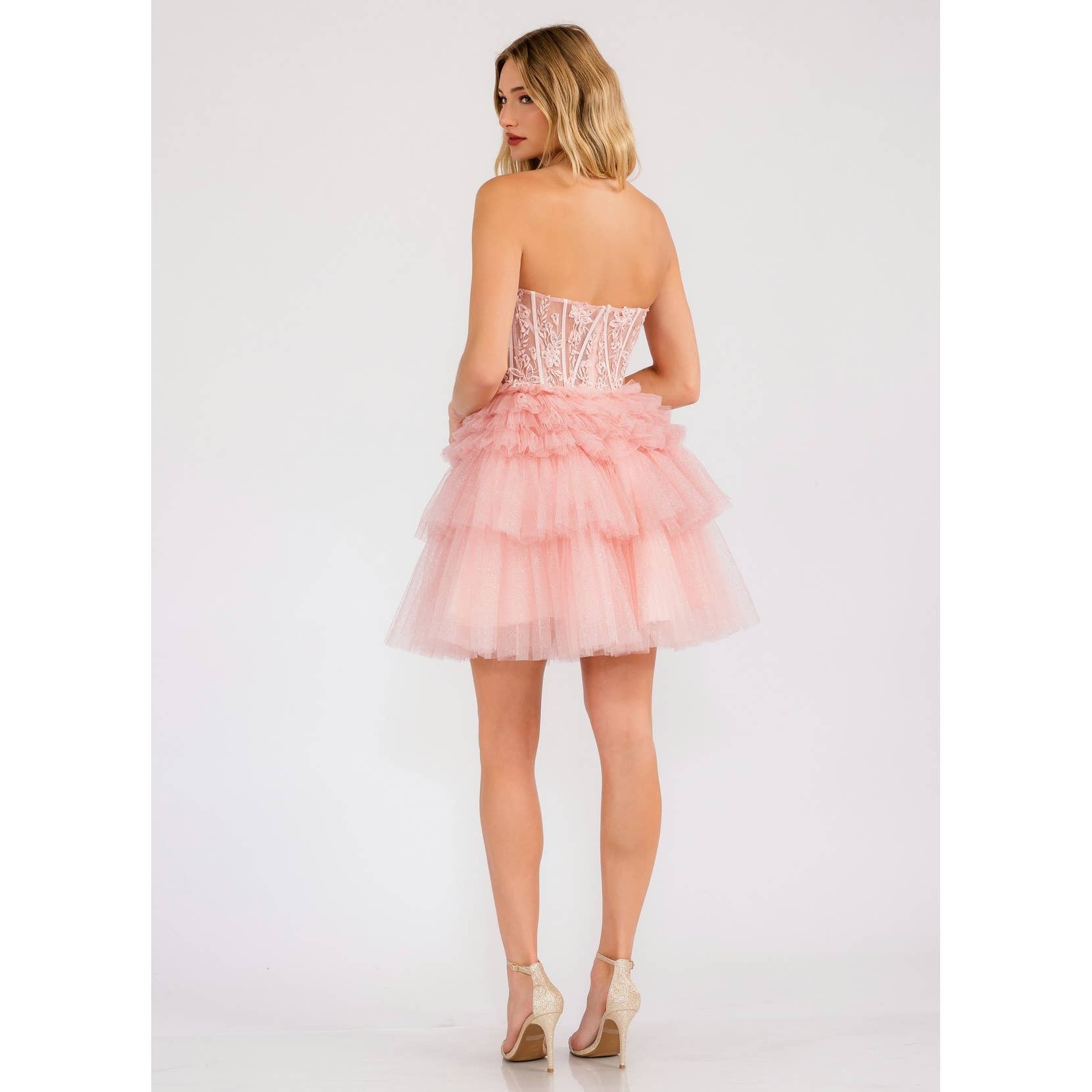 STRAPLESS COCKTAIL GOWN WITH LEAF LACE CORSET BODICE AND RUF