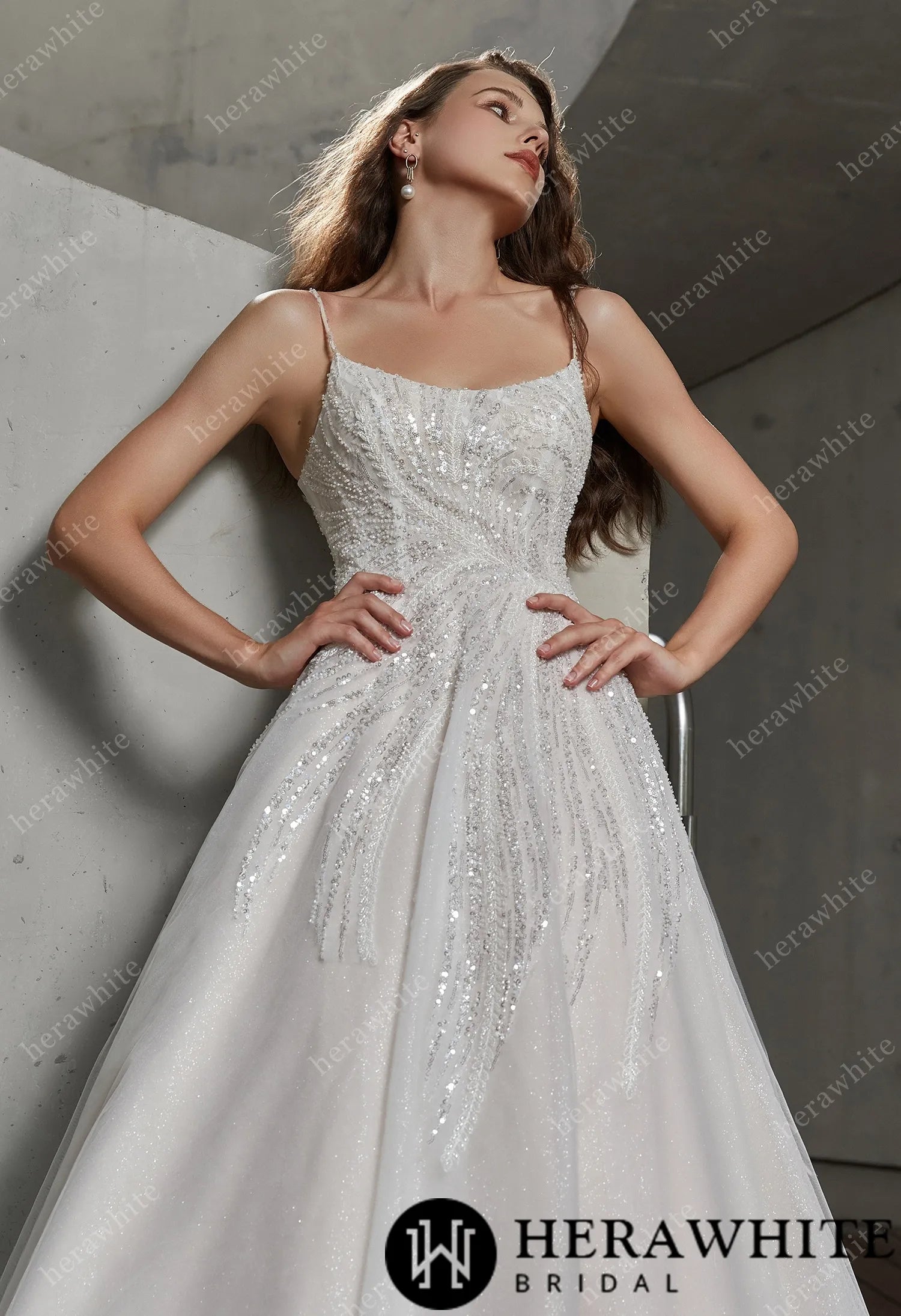 Sparkle Scoop Neckline Wedding Gown with Spaghetti Straps