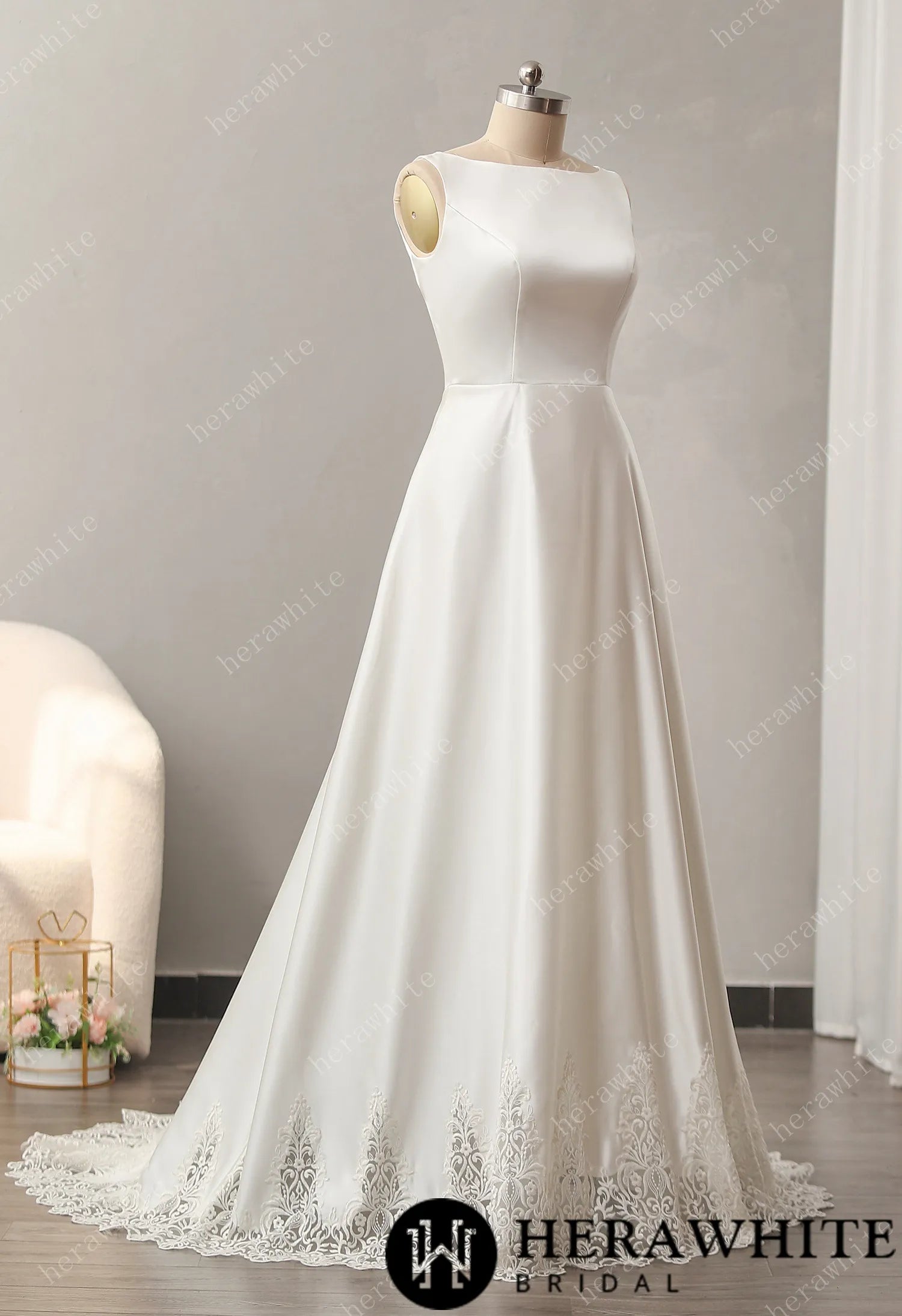 Bateau Neckline A-line Skirt with Cutout Train