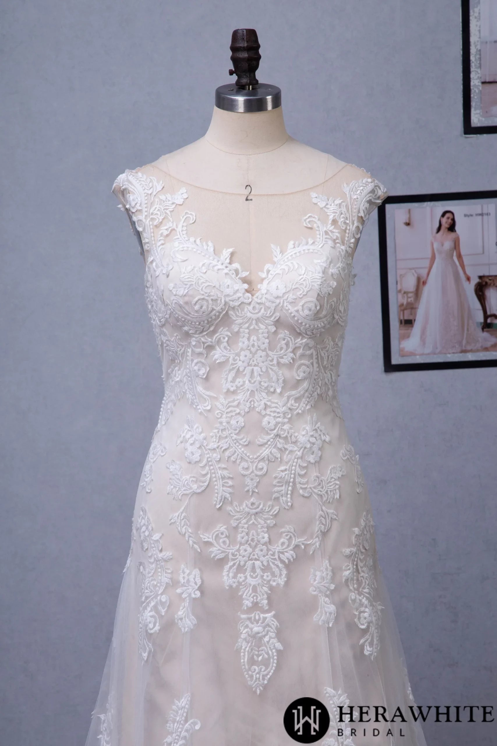 Stunning Illusion Lace Bateau Neckline With Cap Sleeve Wedding Gown