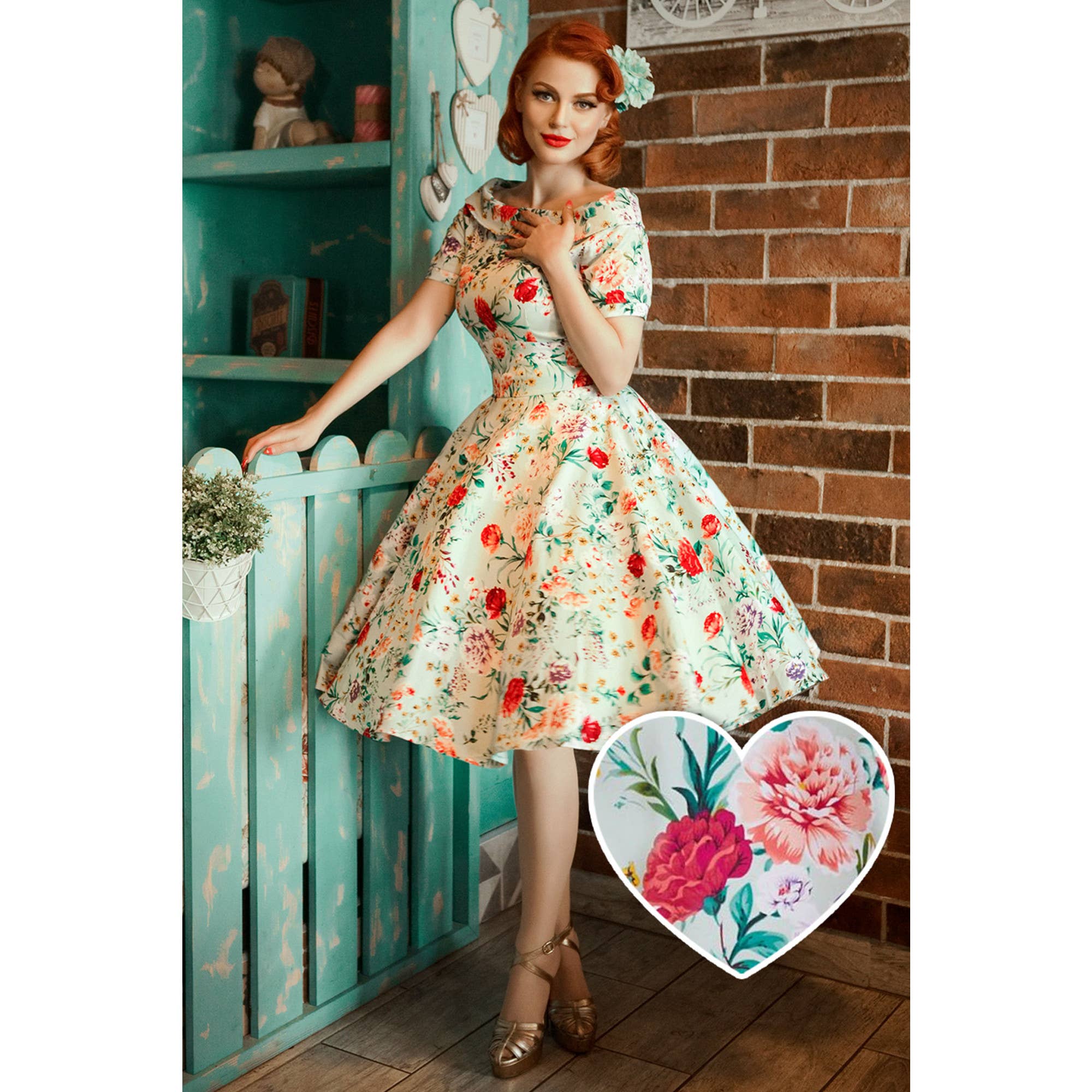 Retro Party Swing Dress in Green Floral