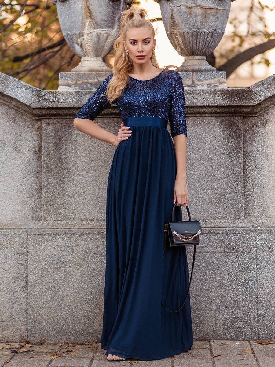 Elegant Round Neckline Sequins Patchwork Dress: 20 / Red