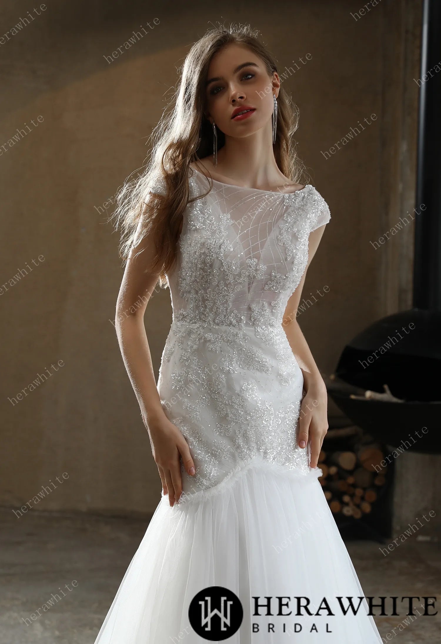 Illusion Bateau Neckline Beaded Mermaid Wedding Dress