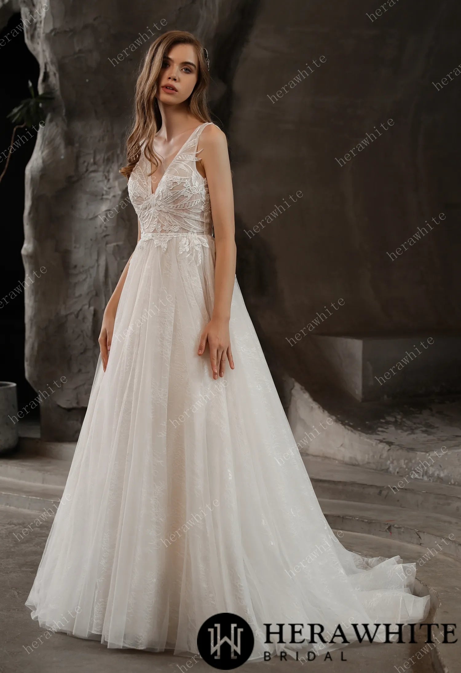 Lovely Lace V-neck wedding dress with Tulle Skirt
