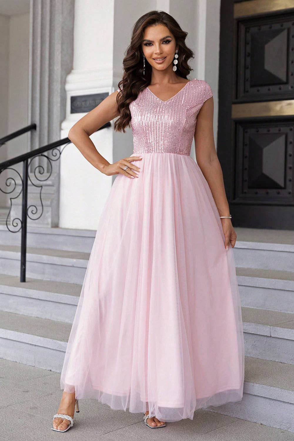Sequin V-Neck Mesh Maxi Dress: Blush Pink / M