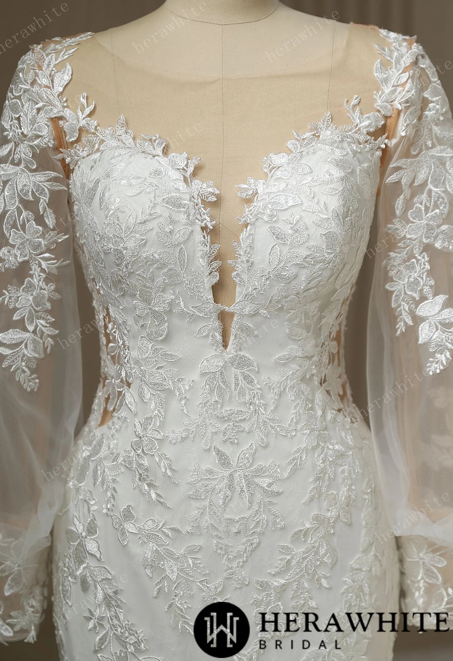 Long Train Mermaid Bridal Lace Wedding Dress With Plunging Neckline