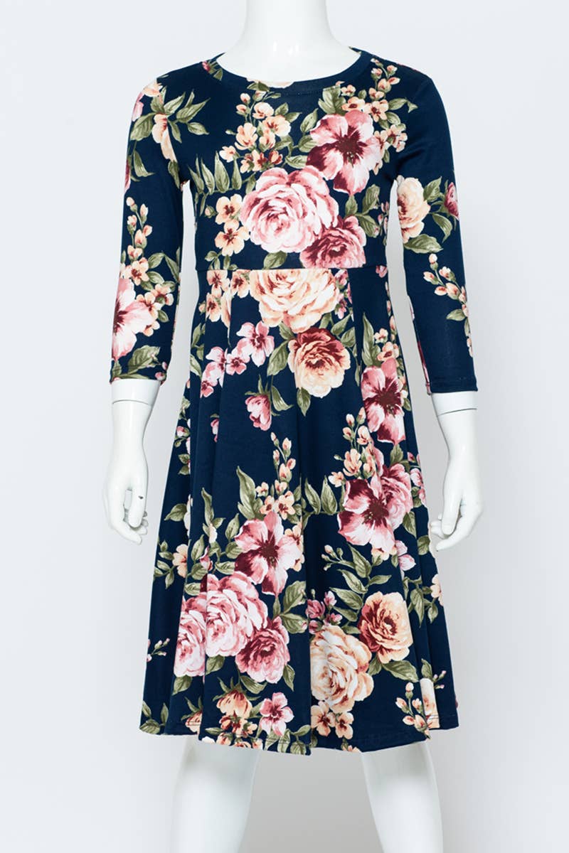 Girl's Princess Seam A-Line Dress with Full Skirt: MUSTARD FLORAL / S (5/6Y)