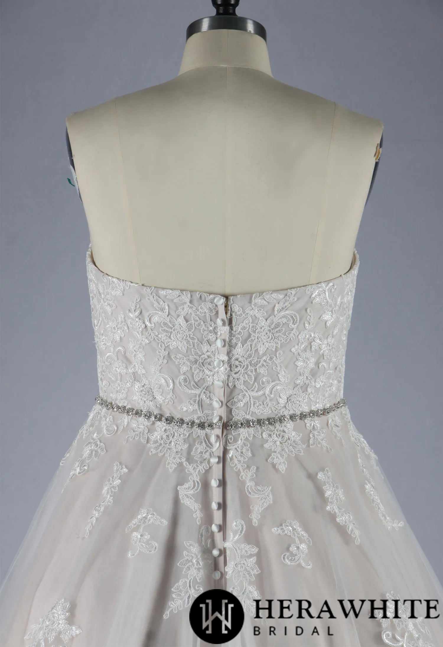 Blush Strapless Ball Gown Wedding Dress With Lace Motifs