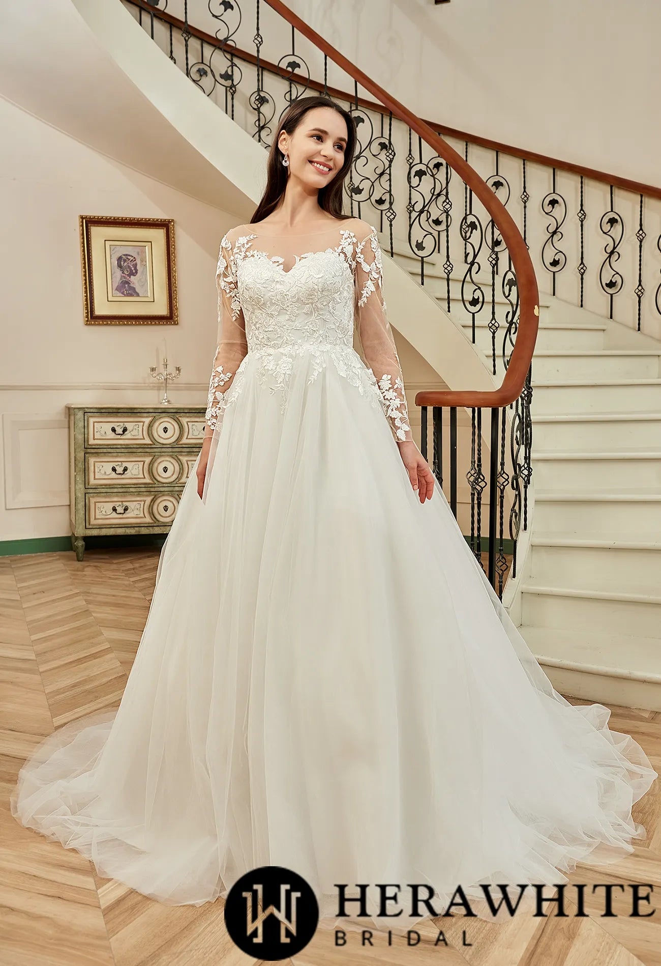 Illusion Long Sleeve Chapel Train Lace Wedding Dress