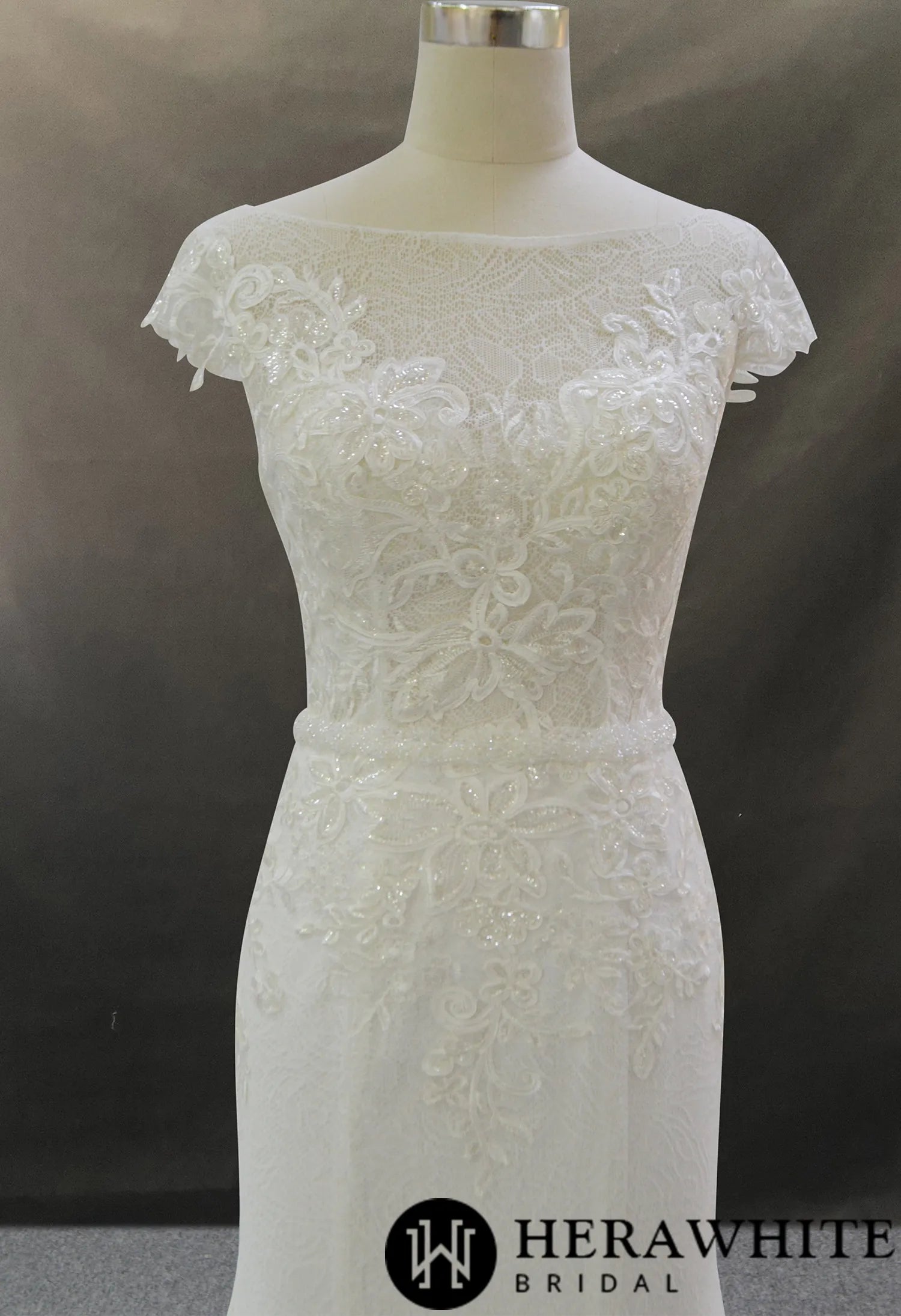 Glamour Lace Fit and Flare Wedding Dress With Cap Sleeve