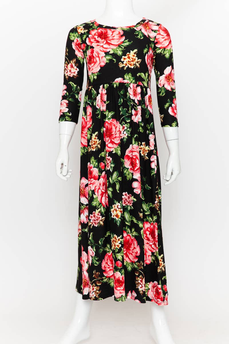 Girls Fit and Flare Floral Maxi Dress: FLORAL ORANGE / L