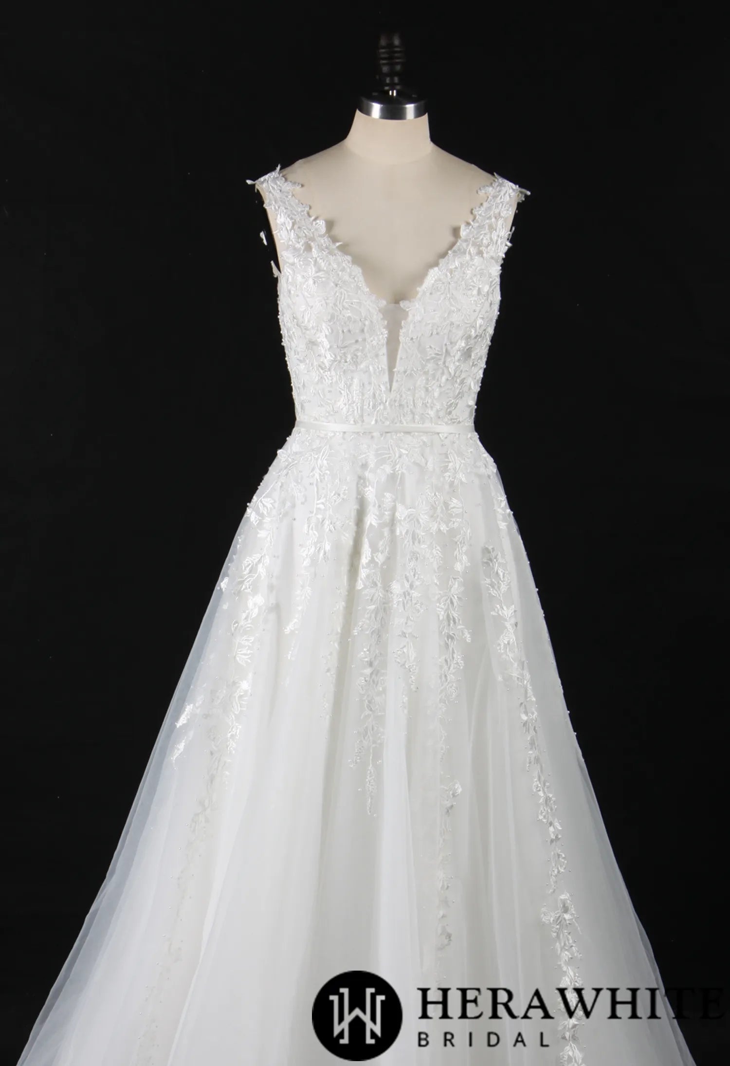 Plunging V-Neck Beaded Lace Wedding Dress