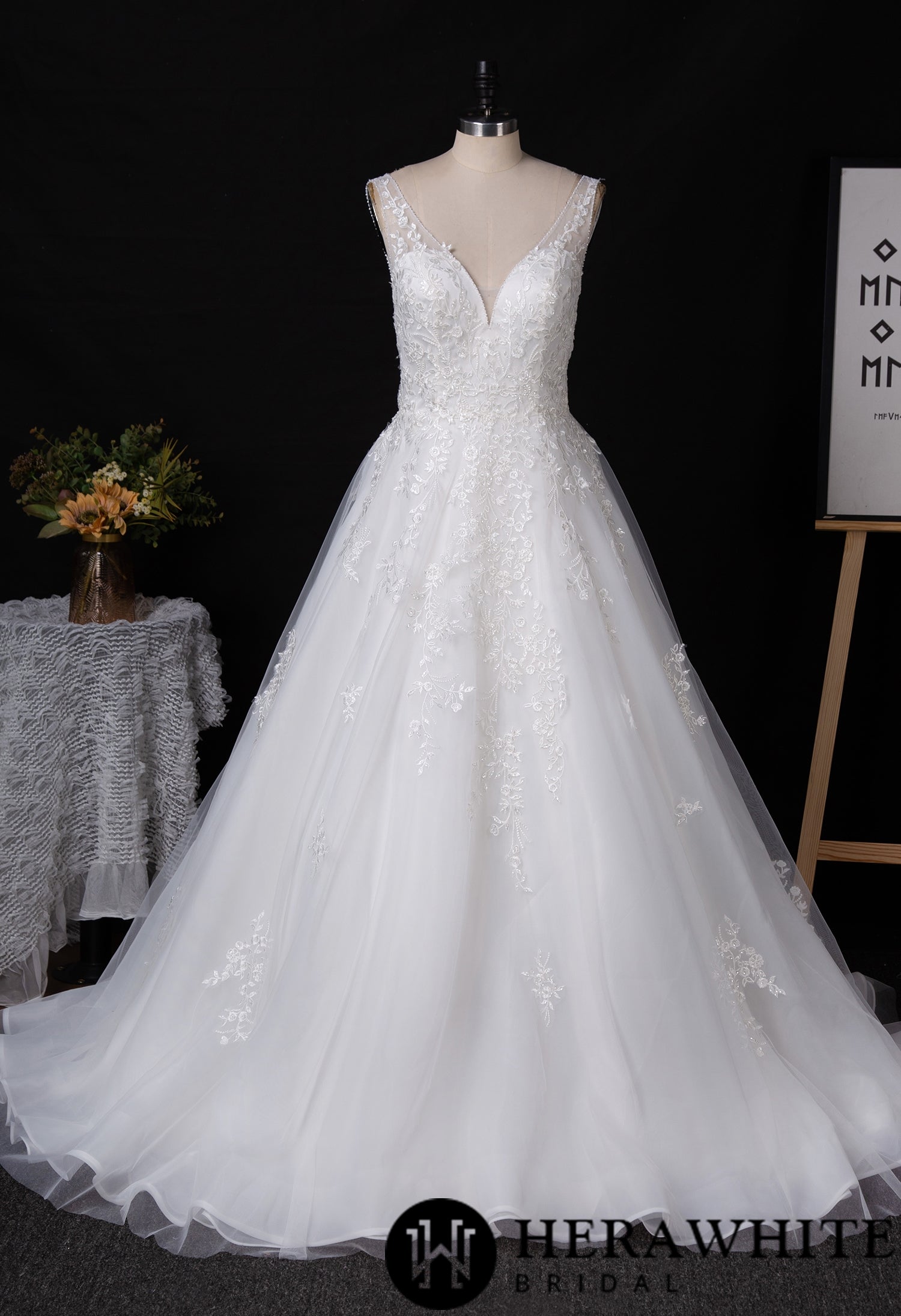 Floral Lace Beaded Wedding Dress With Low Back