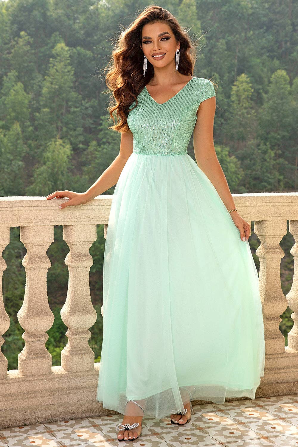 Sequin V-Neck Mesh Maxi Dress: Blush Pink / M