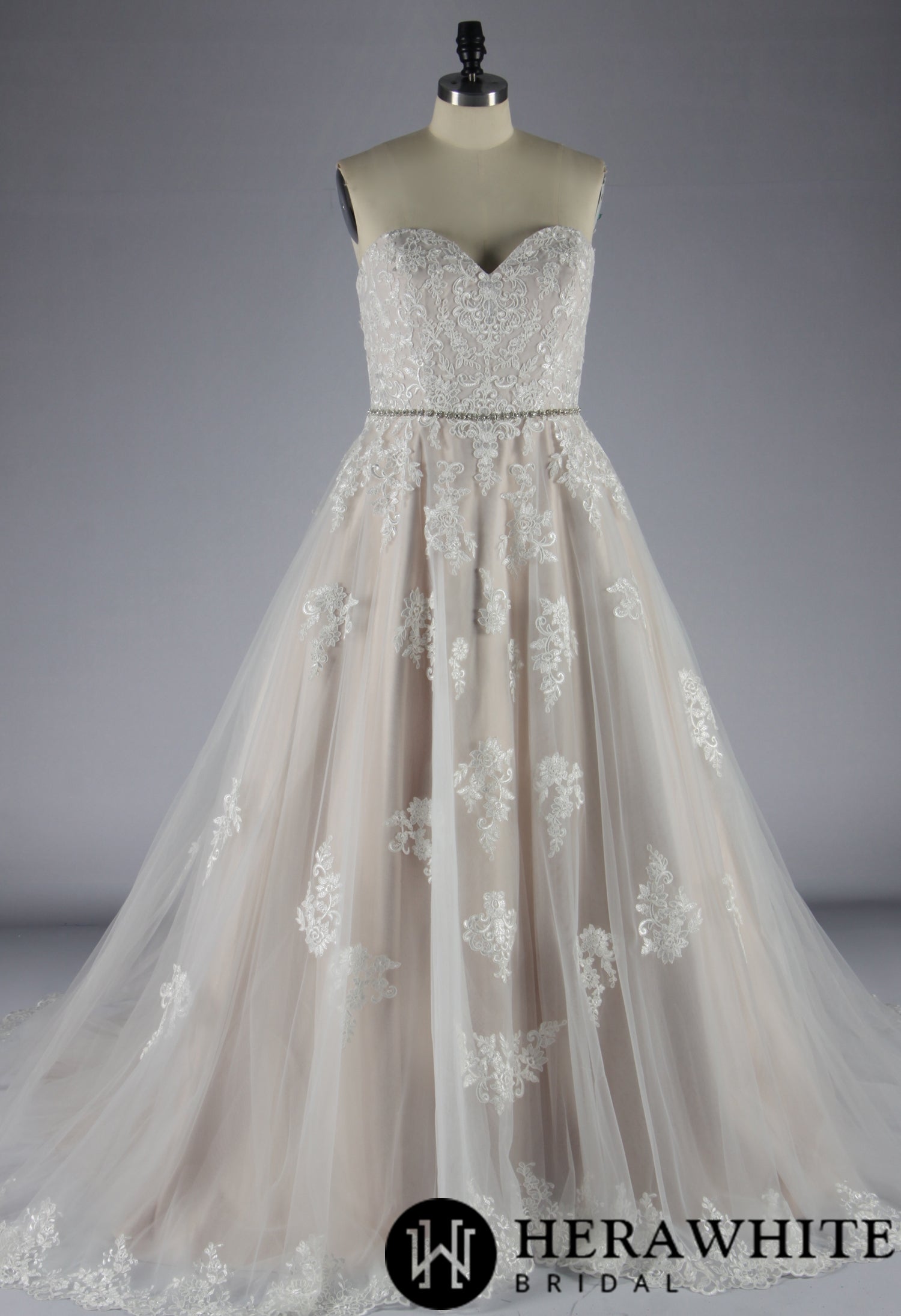 Blush Strapless Ball Gown Wedding Dress With Lace Motifs