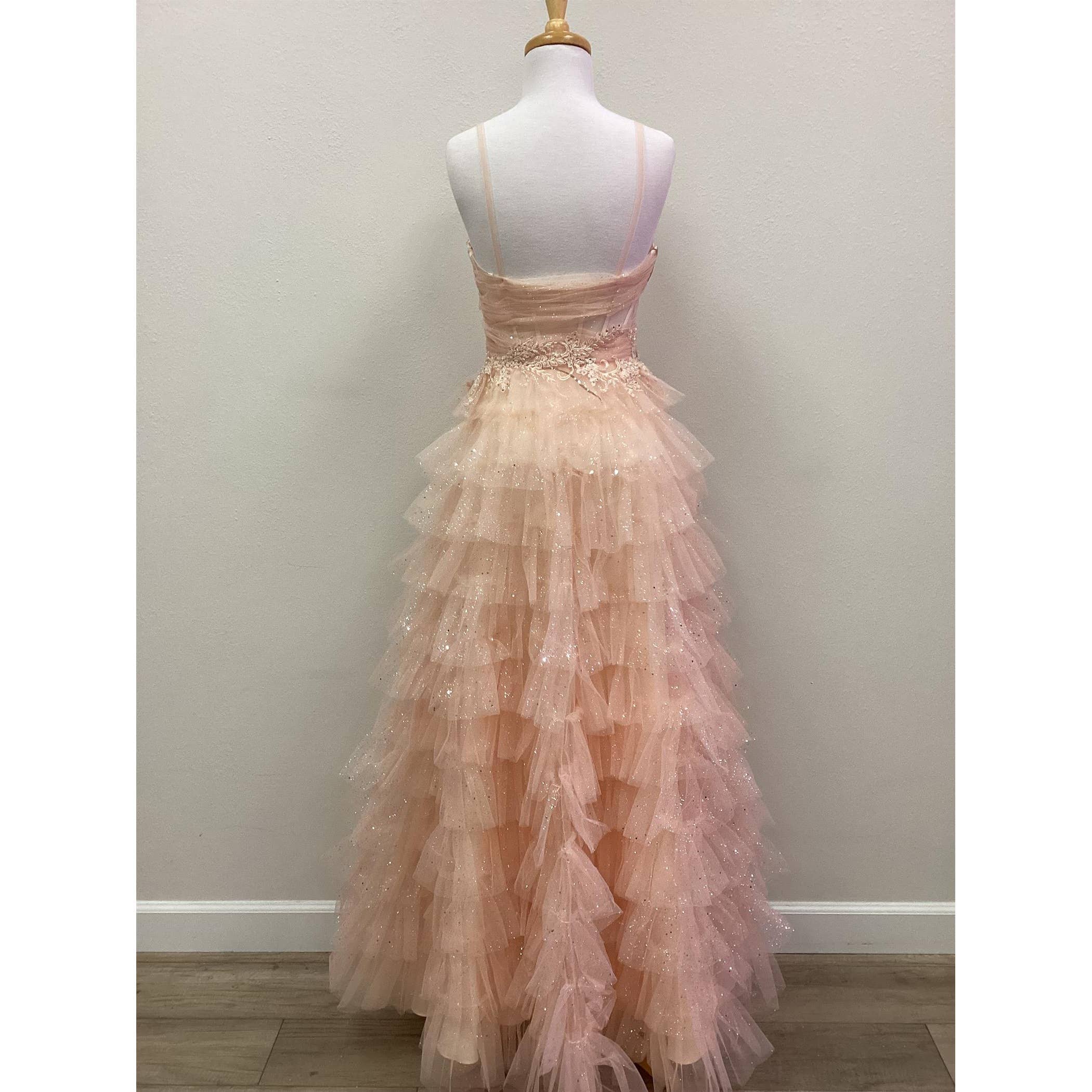 SPARKLE RUFFLE TULLE GOWN WITH SWEATHEART NECKLINE AND SHEER