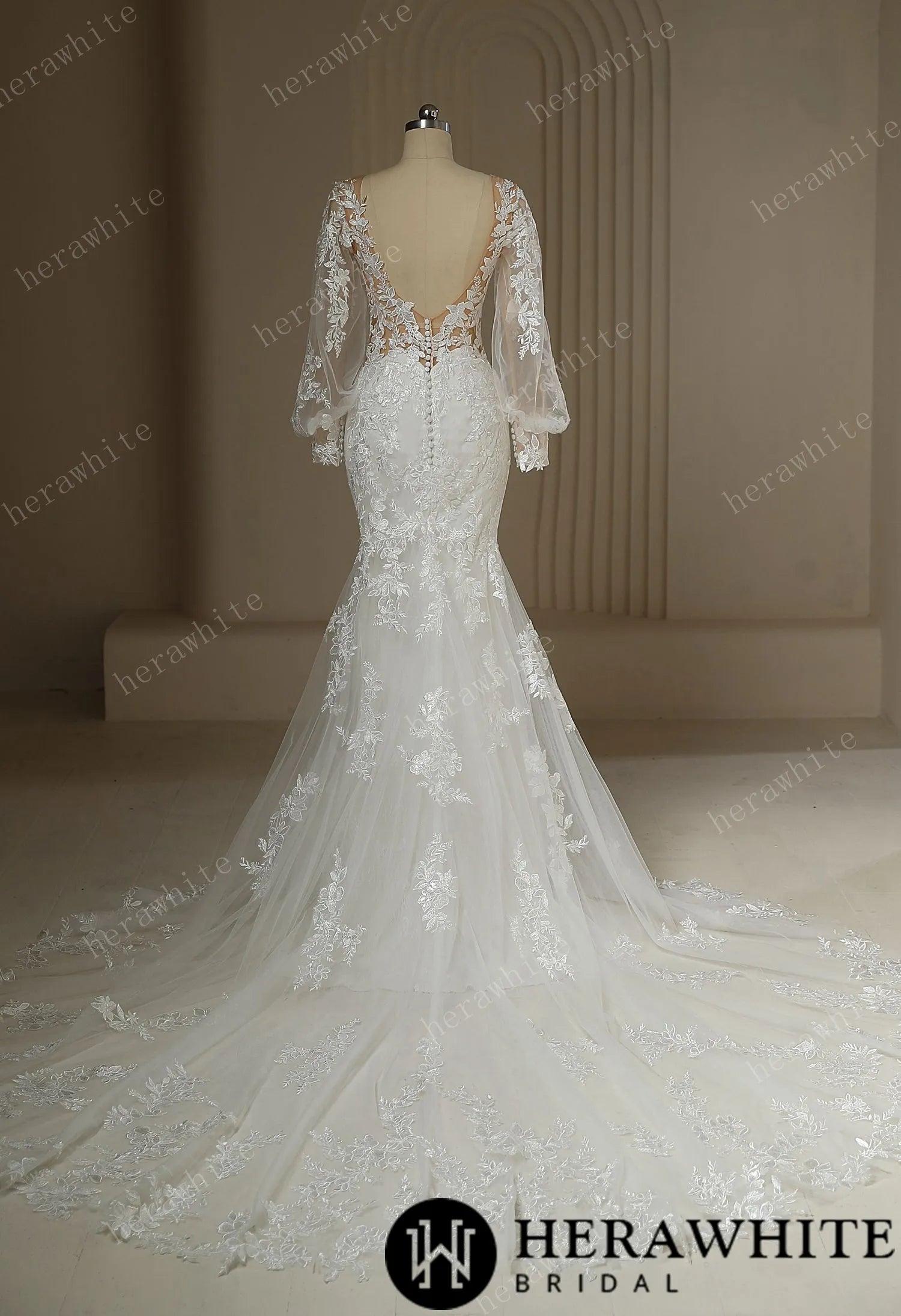 Long Train Mermaid Bridal Lace Wedding Dress With Plunging Neckline