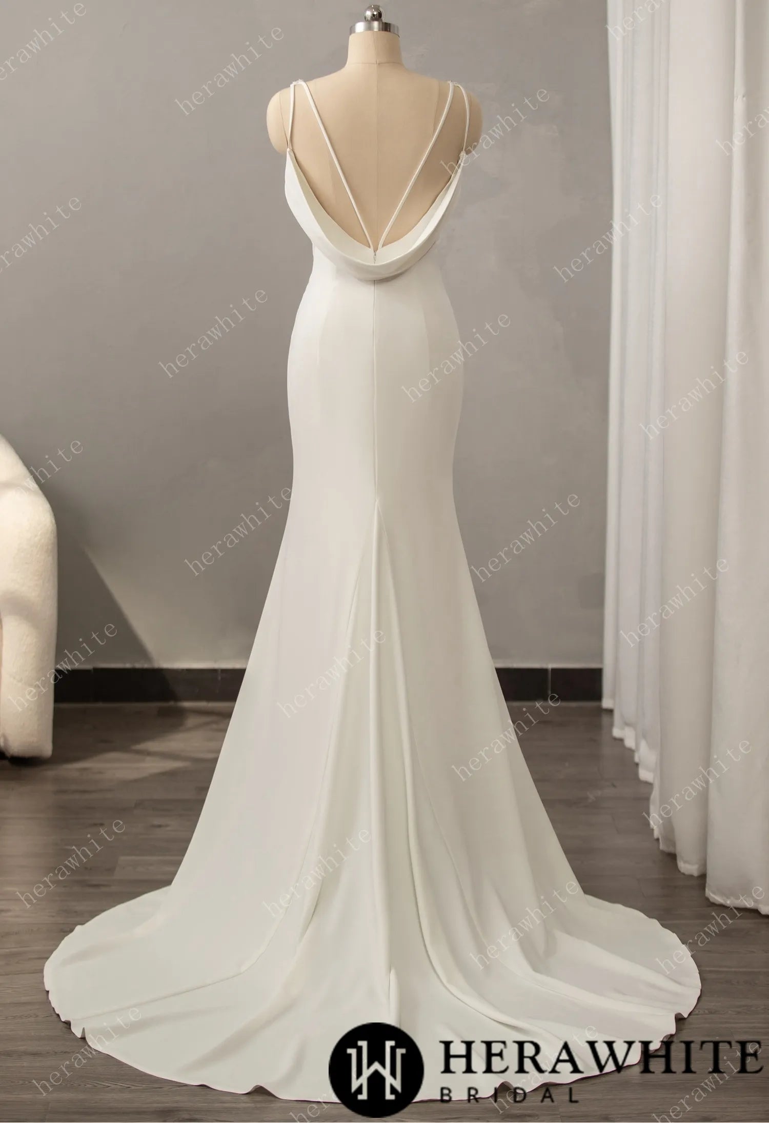 Crepe Beaded V-neck Wedding Dress with Open Back Detail