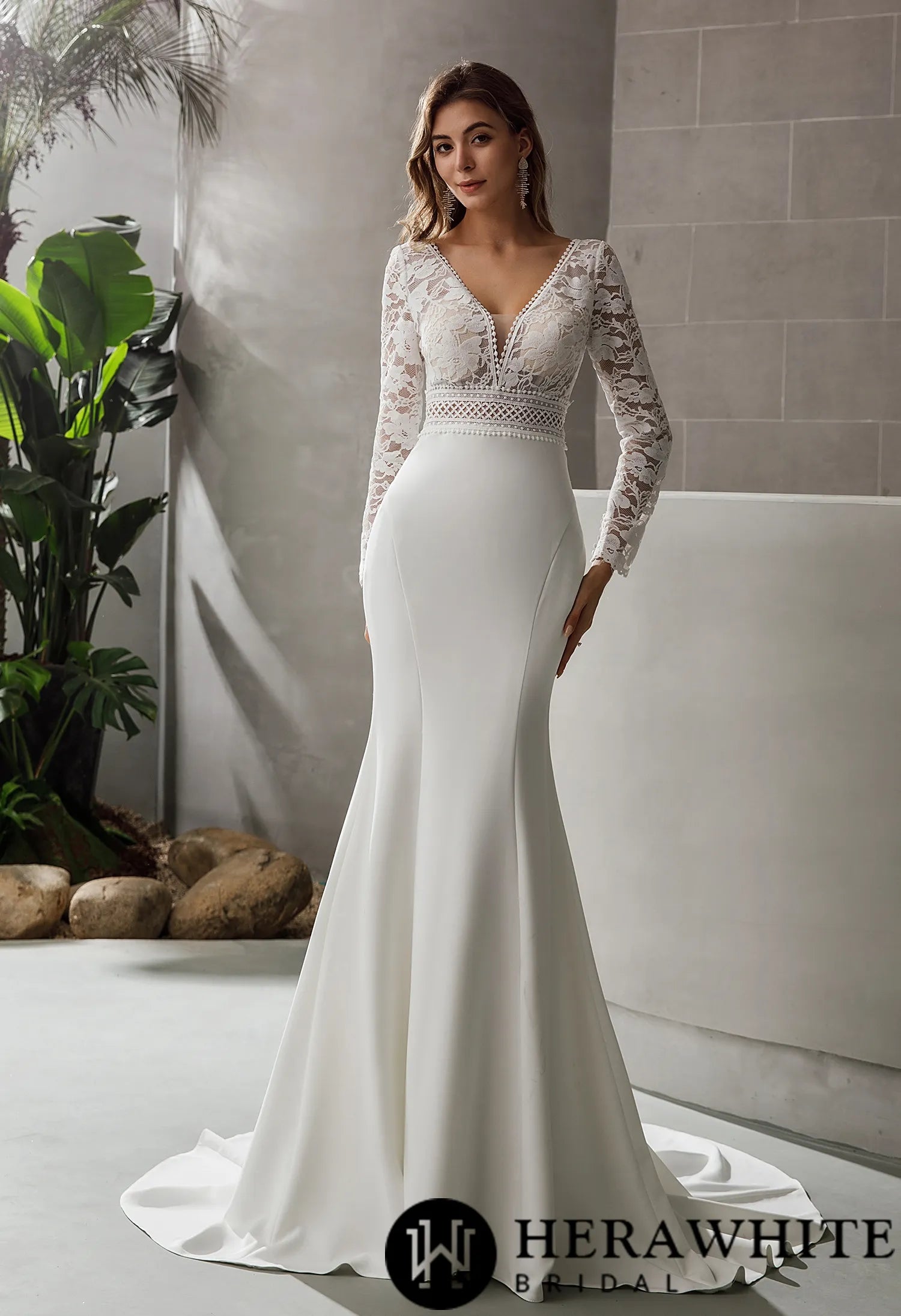 Long Sleeve Plunging V-neck Crepe Wedding Dress
