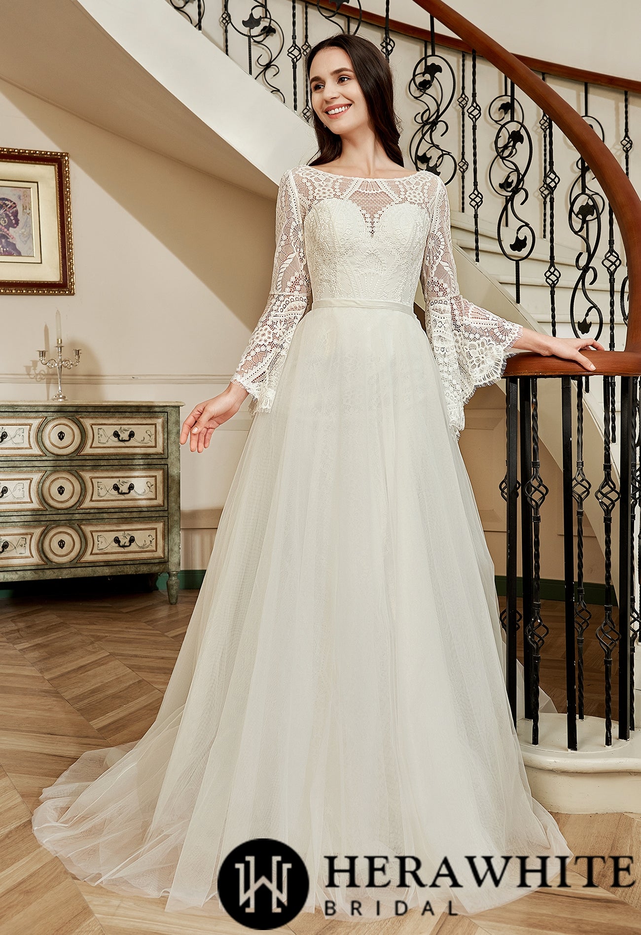 Illusion Neckline Lace Wedding Dress With Removeable Overskirt