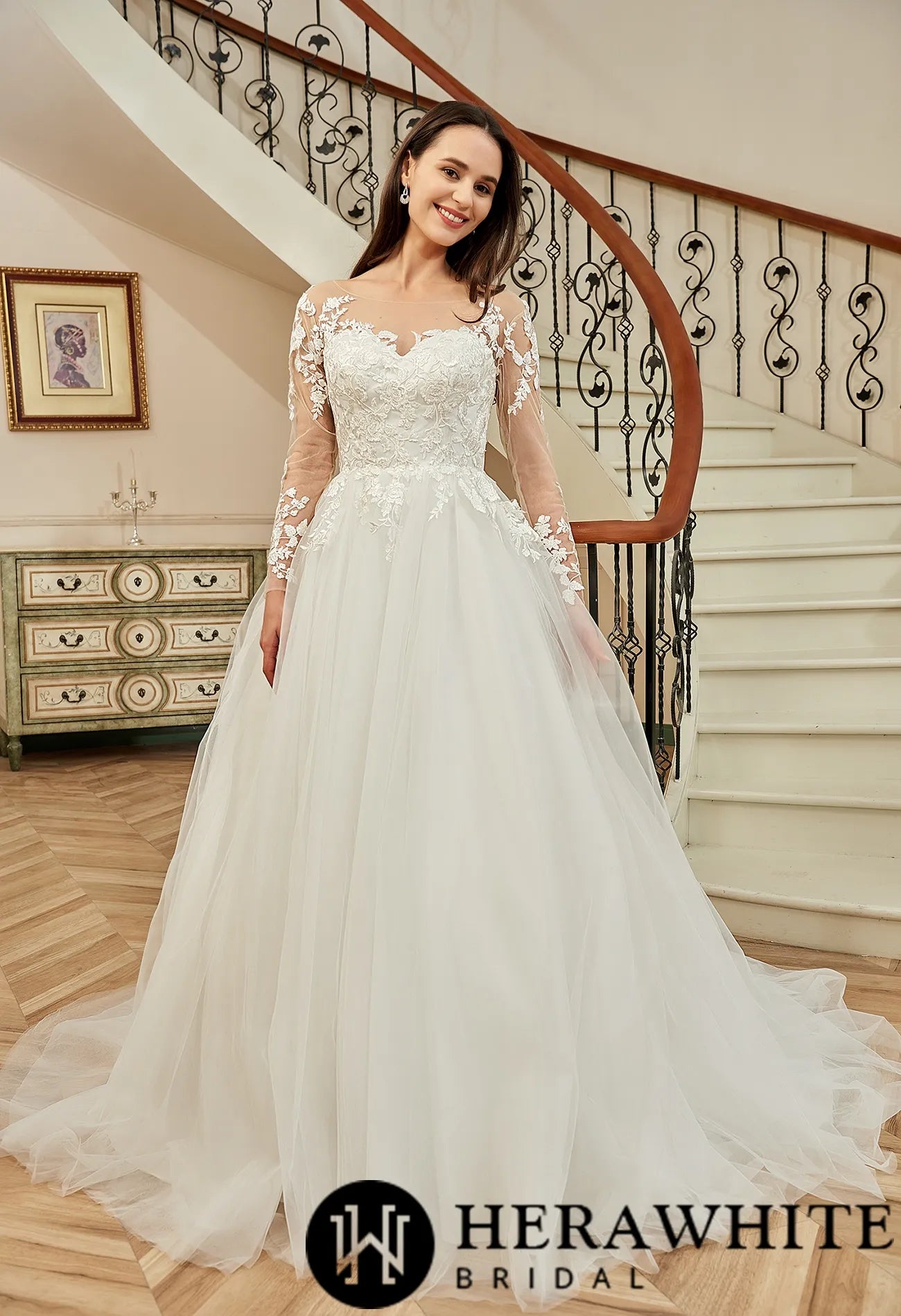 Illusion Long Sleeve Chapel Train Lace Wedding Dress