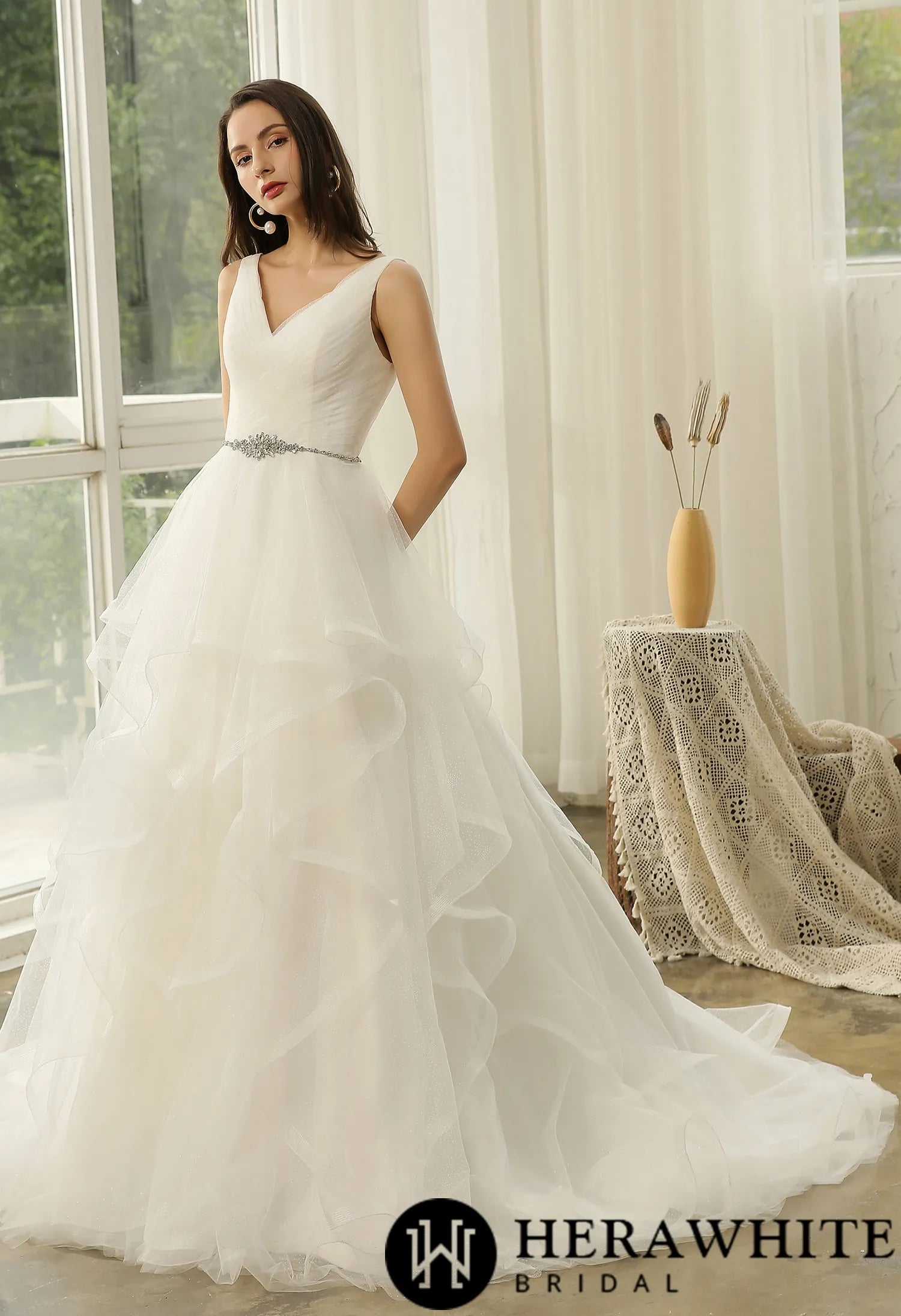 Wedding Dress In Ruffed Glitter Tulle With Princess Silhouette