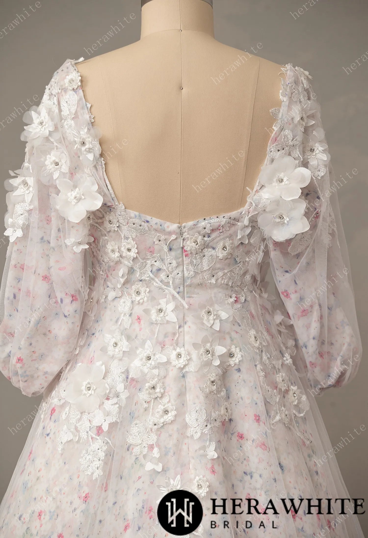 Floral 3D Lace A-Line Wedding Dress with Detachable Sleeve