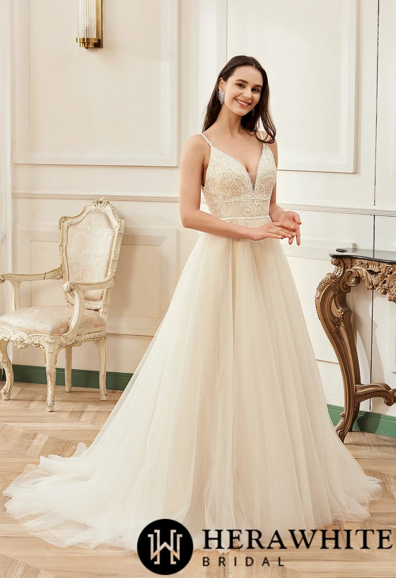 Champagne Romantic Spaghetti Straps A-Line Wedding Dress