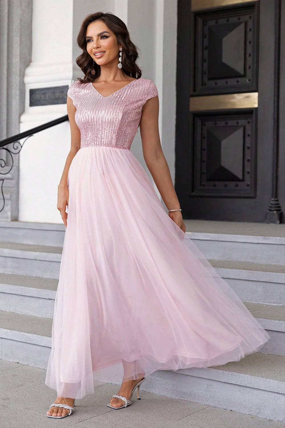Sequin V-Neck Mesh Maxi Dress: Blush Pink / M