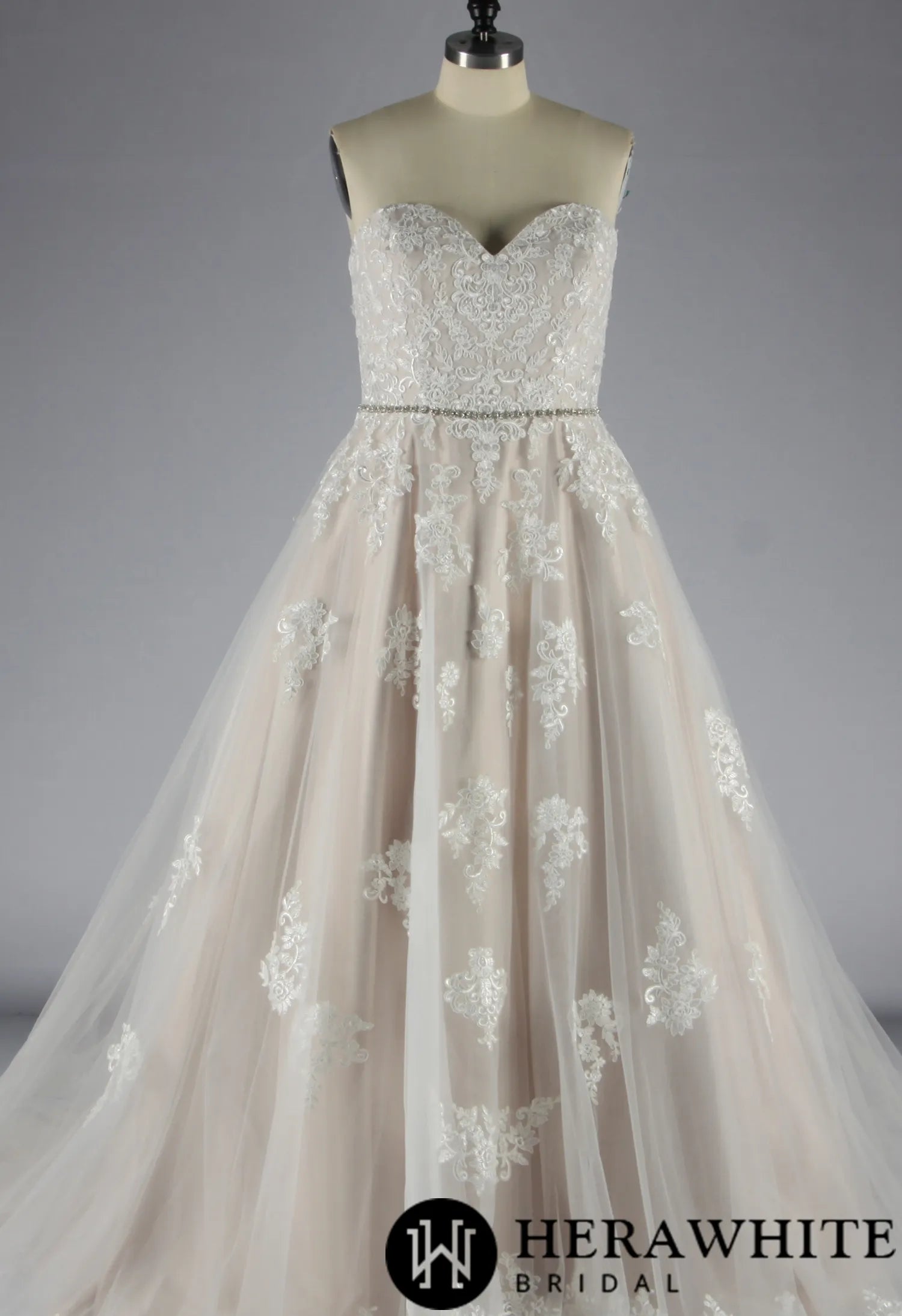 Blush Strapless Ball Gown Wedding Dress With Lace Motifs