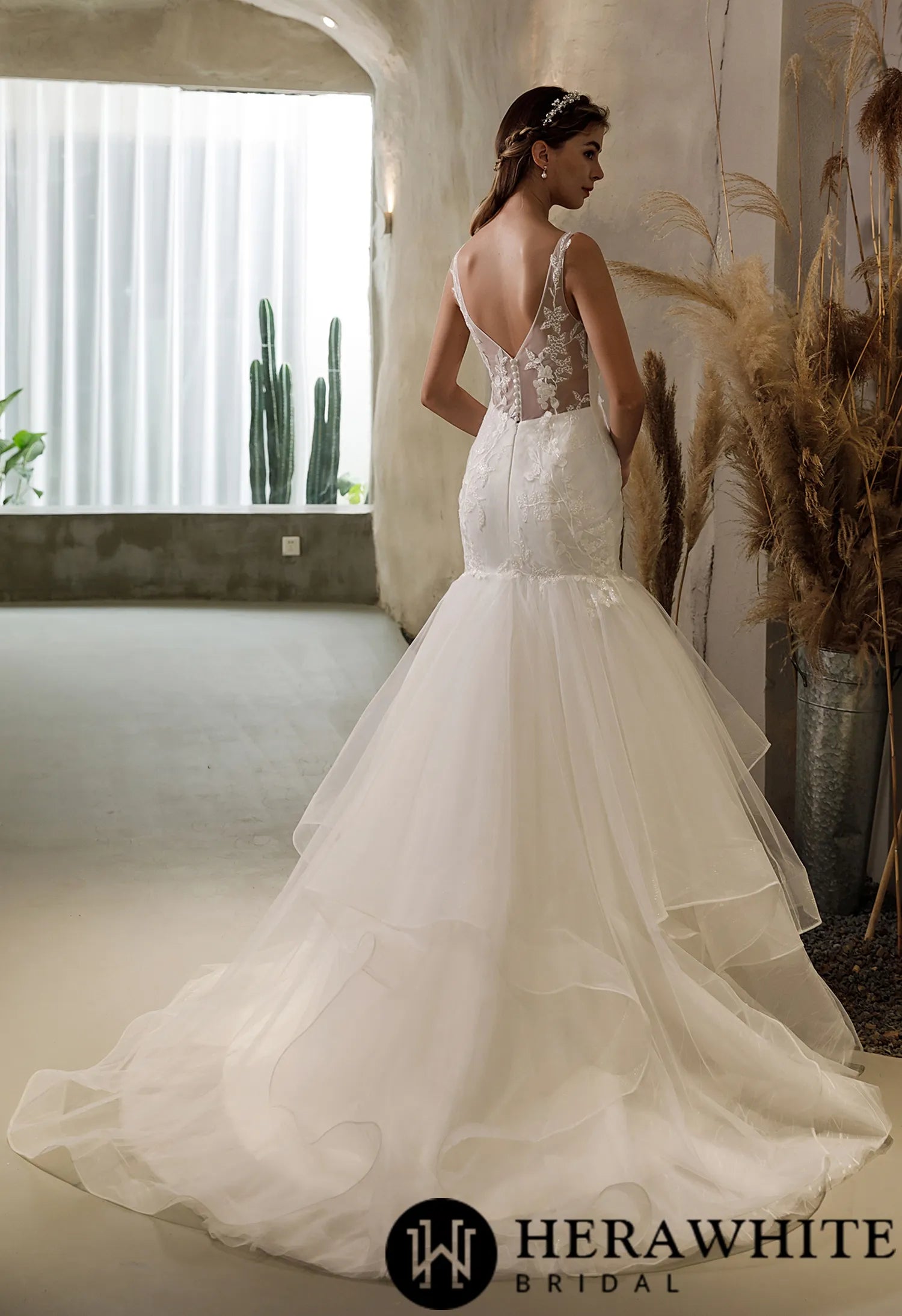 Beaded Lace Tulle Ruffled Mermaid Wedding Dress
