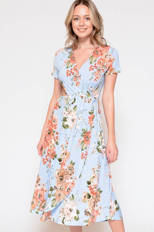 X201500D-Plus Size Floral Wrap Dress: 3X / Blue/Coral
