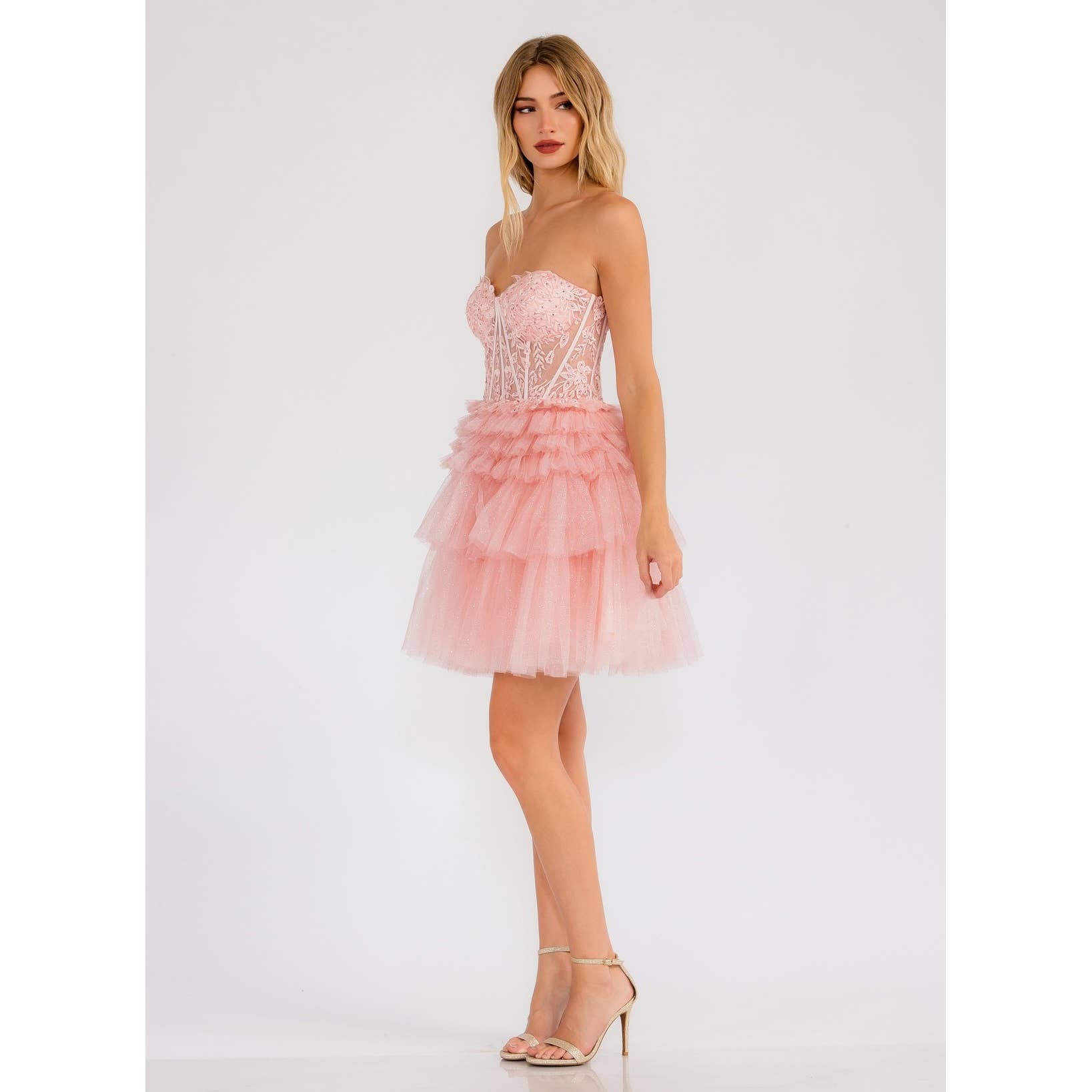 STRAPLESS COCKTAIL GOWN WITH LEAF LACE CORSET BODICE AND RUF