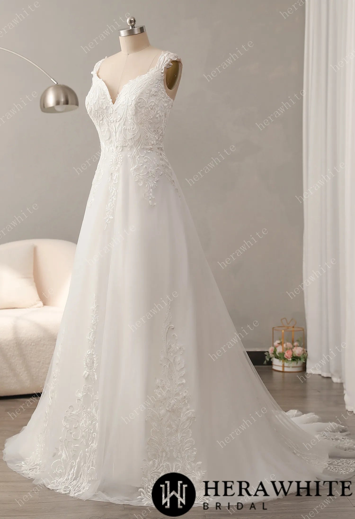Timeless Lace Wedding Dress with V-neckline
