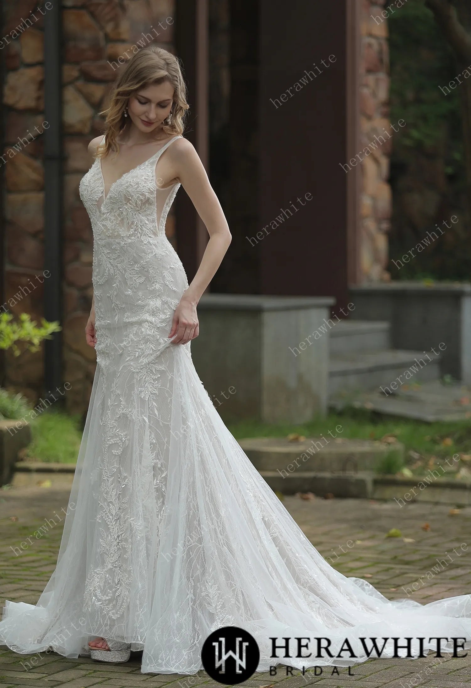 Classic V-Neck Allover Lace Fit And Flare Wedding Dress