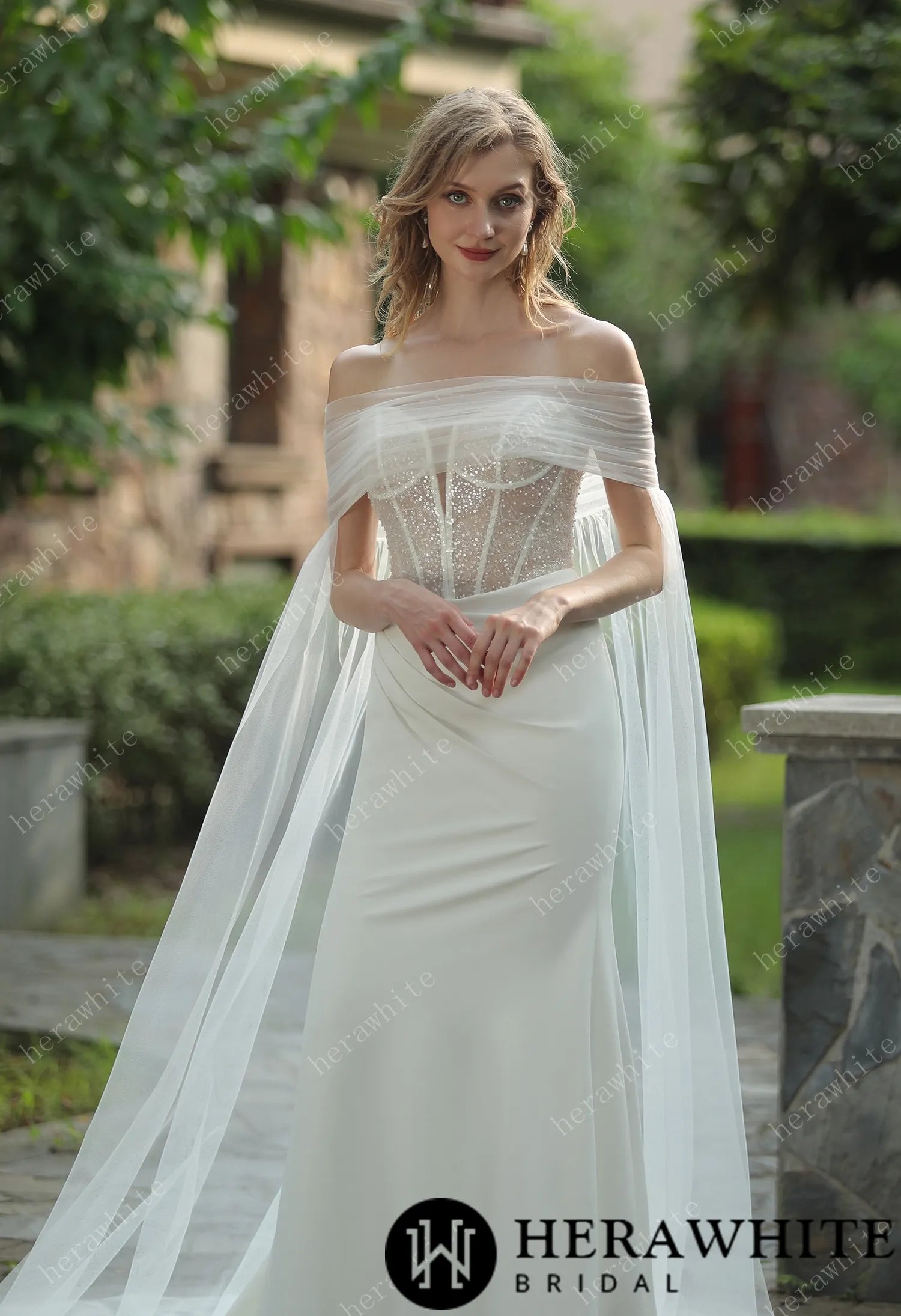Plunging V-neck Beaded Crepe Fit And Flare Wedding Dress