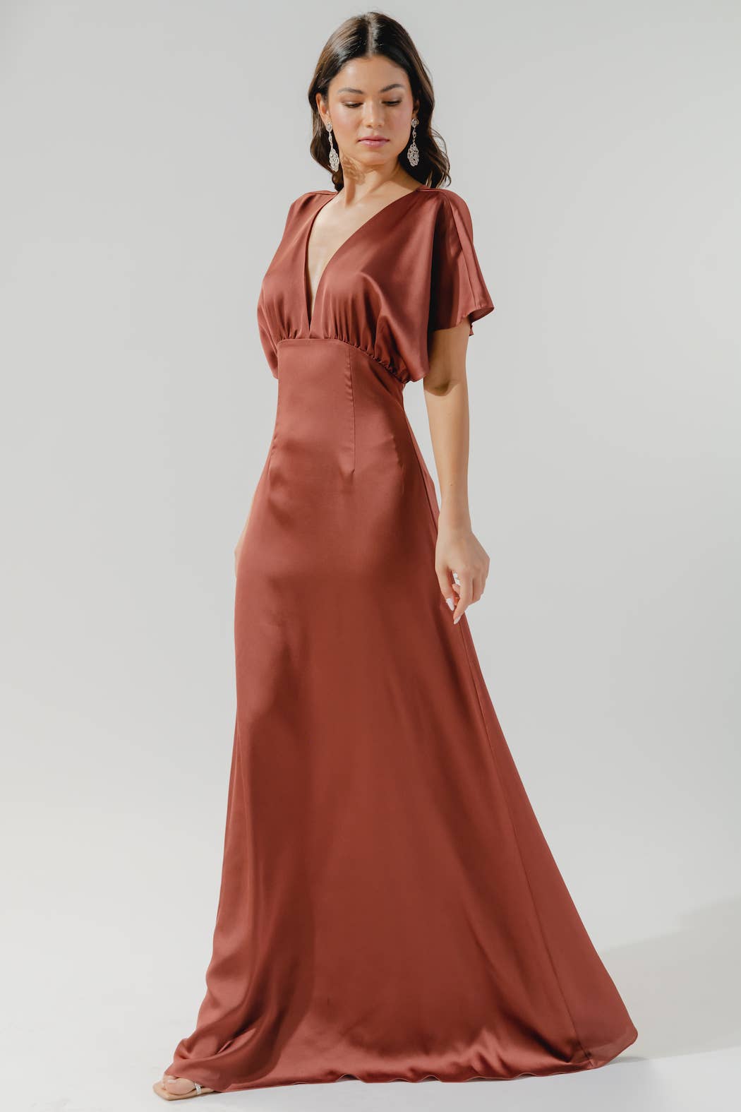 Darling Flutter Sleeve Cut Out Satin Maxi Dress: Black / S